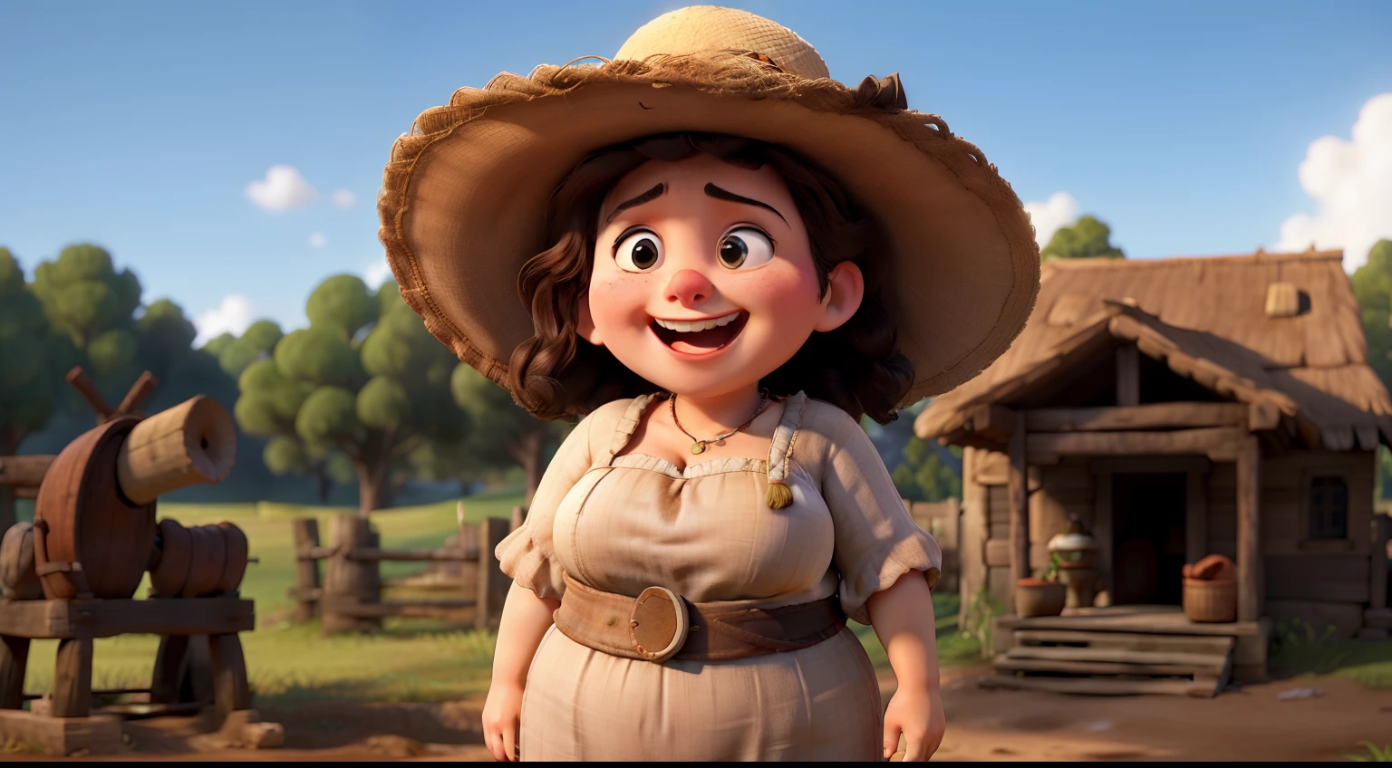 A plump woman in peasant clothes, with a somber face, is laughing, her face illuminated, and in the background, there is a large well.
