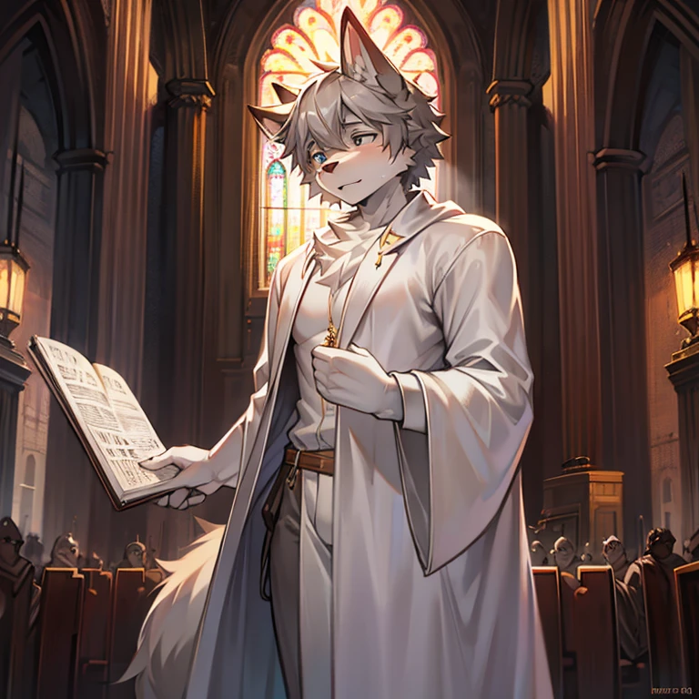 god father,Middle age,male people,Canine ears,shaggy,Gray hair,Transparent white coat,good body,in churches,with bible in hand,the only person,sacred and solemn