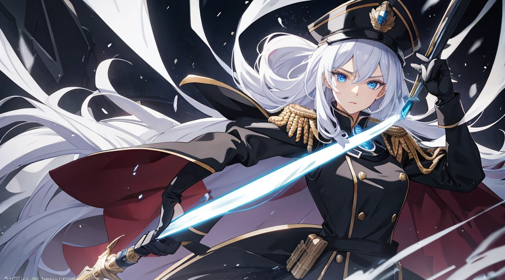 Masterpiece, best quality. 1 Anime lady ( woman), Solo, (Look at viewers) . Stern looks. She wearing black epaulette dress, black commander hat, have glowing light blue eyes. She have very long white hair.  There's God Ring behind her. Cinematic light. (War, destroyed ground, Ashes flowing). Releasing power. blue aura.