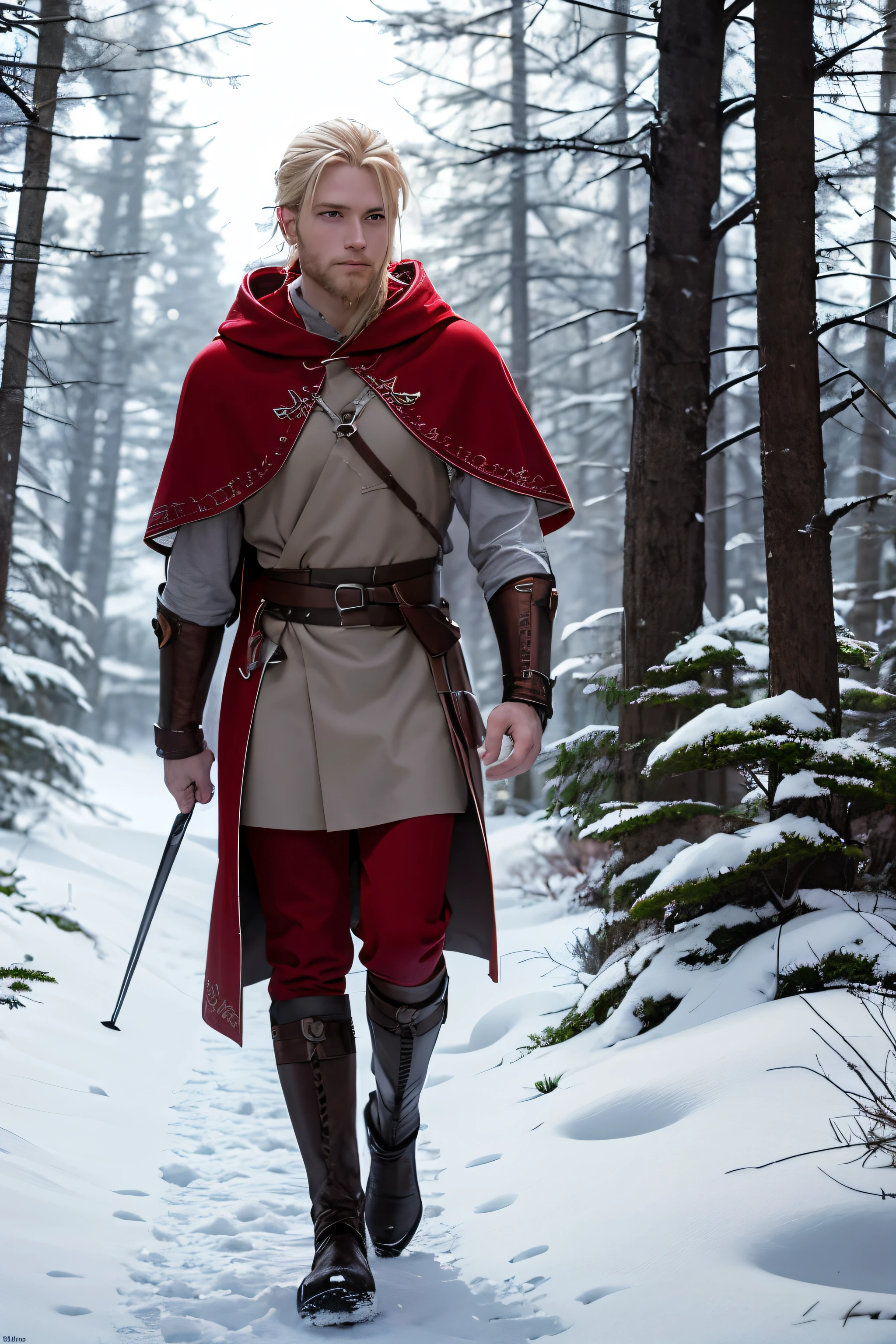 Make a blond male viking in a red and grey cloak walking in a snowy light forest