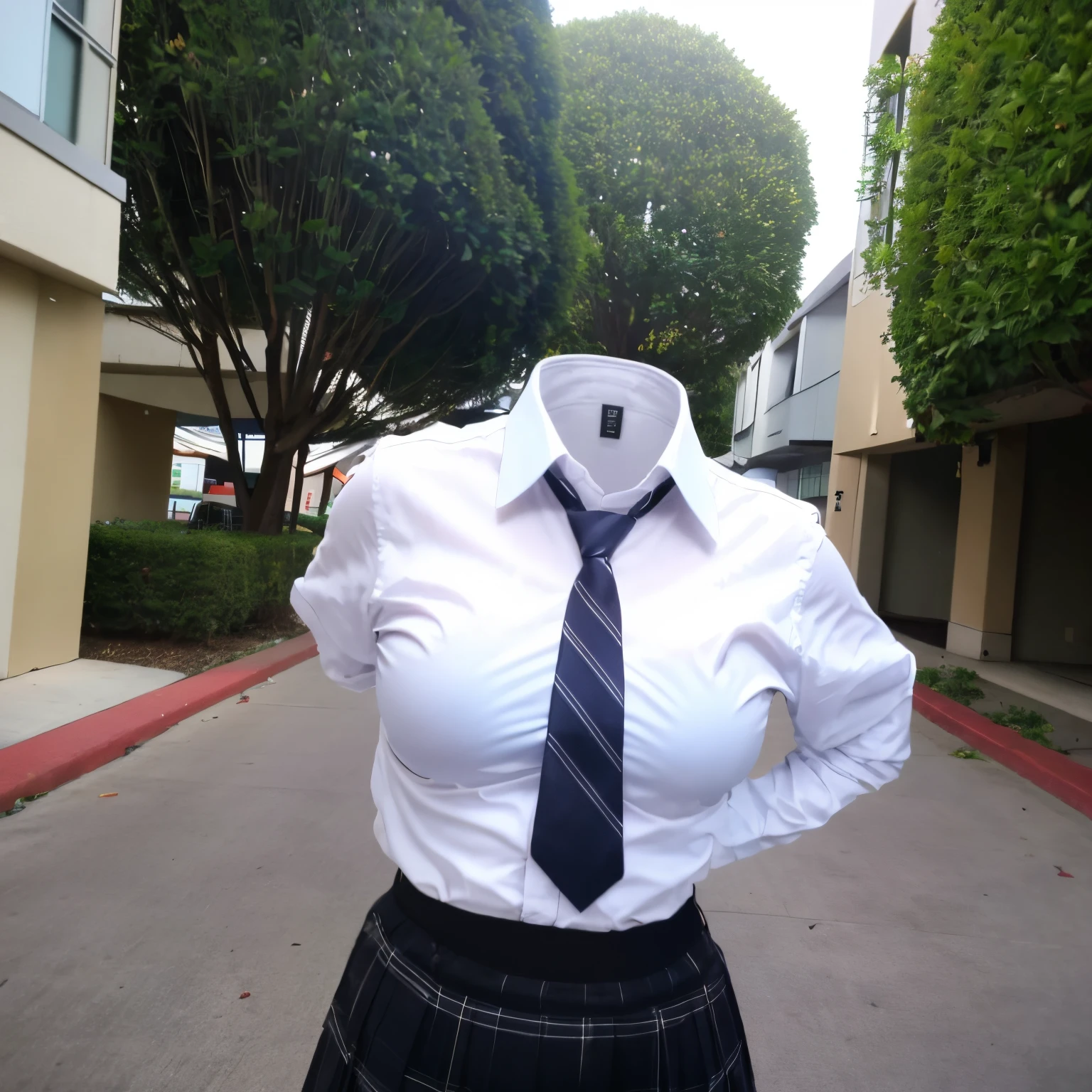 chubby, fat, white shirt, blue stripe tie, school tie, school uniform, plaid skirt, (two girls are good friends), cute pose, (invisible, no humans, headless, faceless:1.5), cute big breasts, close-up shot of breasts, (8k, RAW photo, best quality, masterpiece:1.2), (realistic, photo-realistic:1.37), photon mapping, radiosity, ((Hasselblad photography)), physically-based rendering