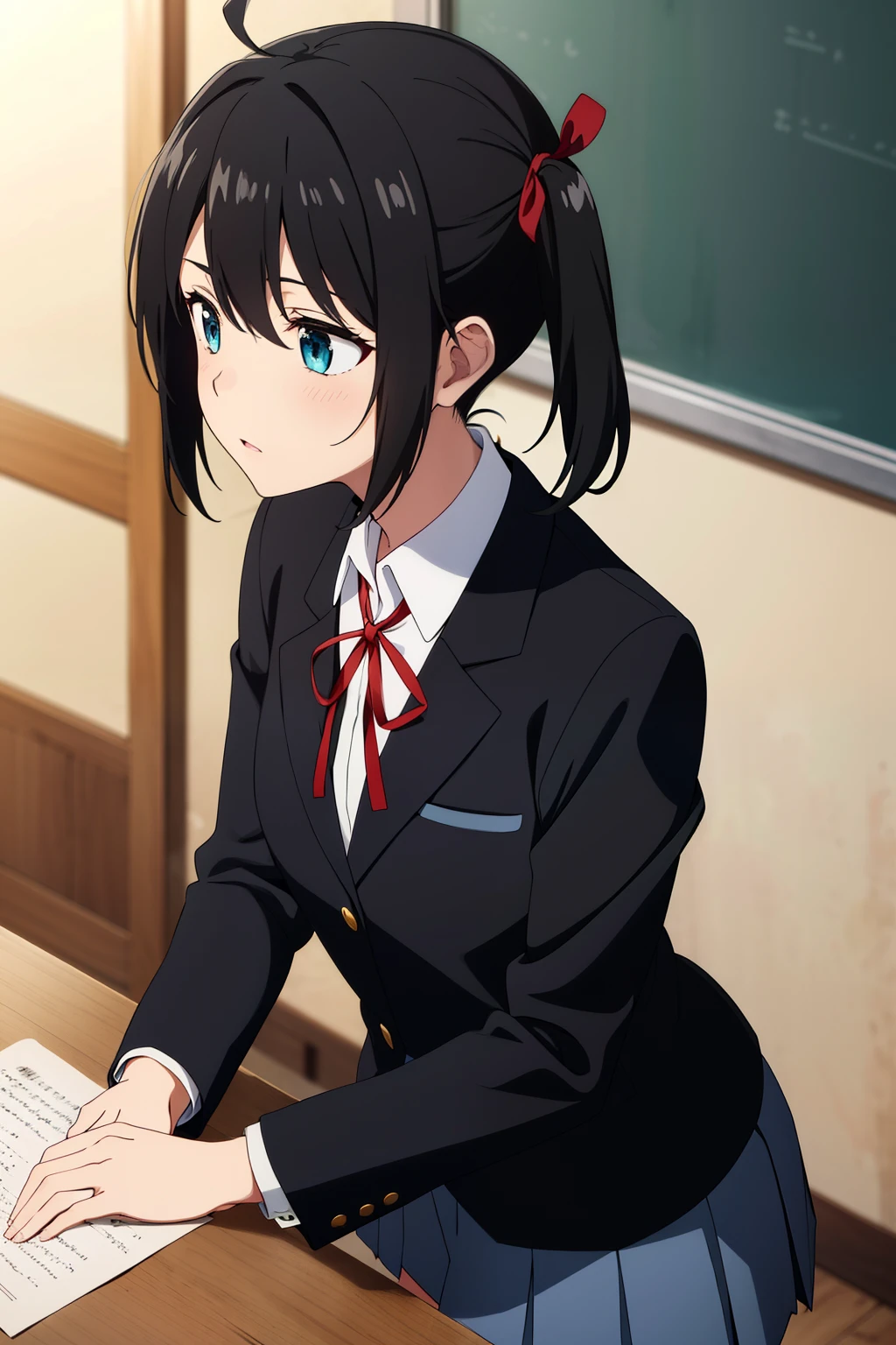 yukinoshita_yukino , 1girl, ahoge, black hair, aqua eyes, red ribbon, school uniform, sobu high school uniform