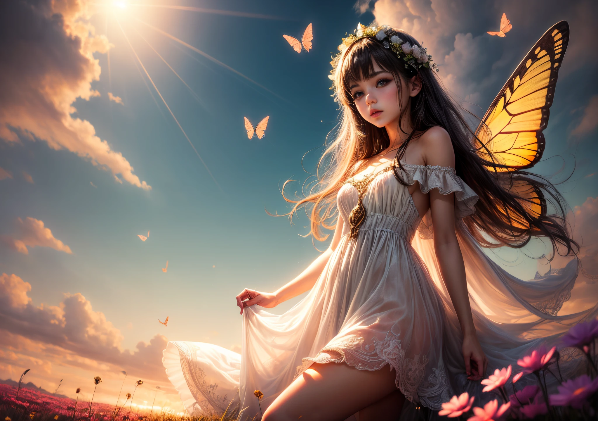 ((Innocent)) girl, golden hour, dreamy meadow, ethereal, whimsical, flowing dress, soft sunlight, enchanting, butterfly wings, (pastel clouds), liquid reflections