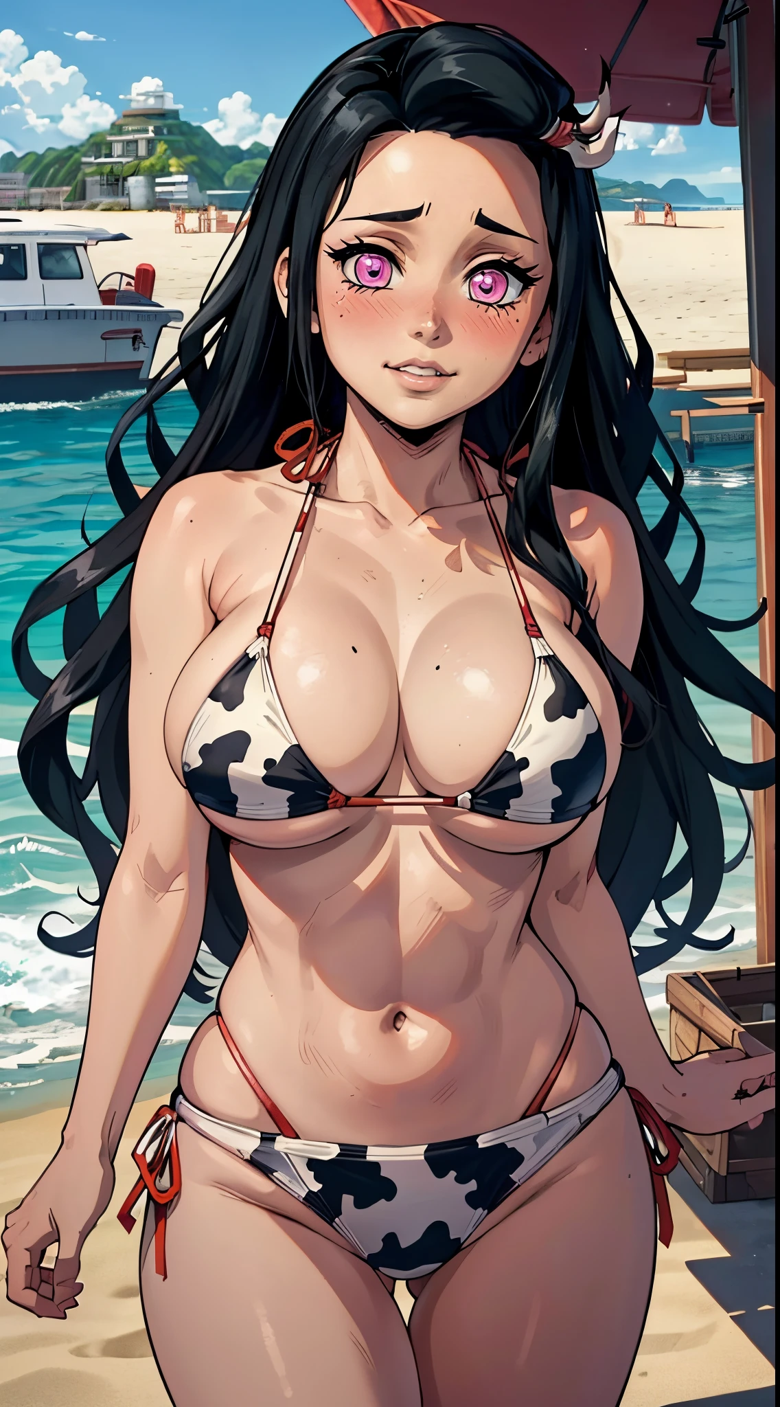 (best quality:1.3), (4k quality), Nezuko Kamado by demon slayer, ((Detailed face)), (()), (Big boobs), sexy, ((bikini cow)), ((beach)),