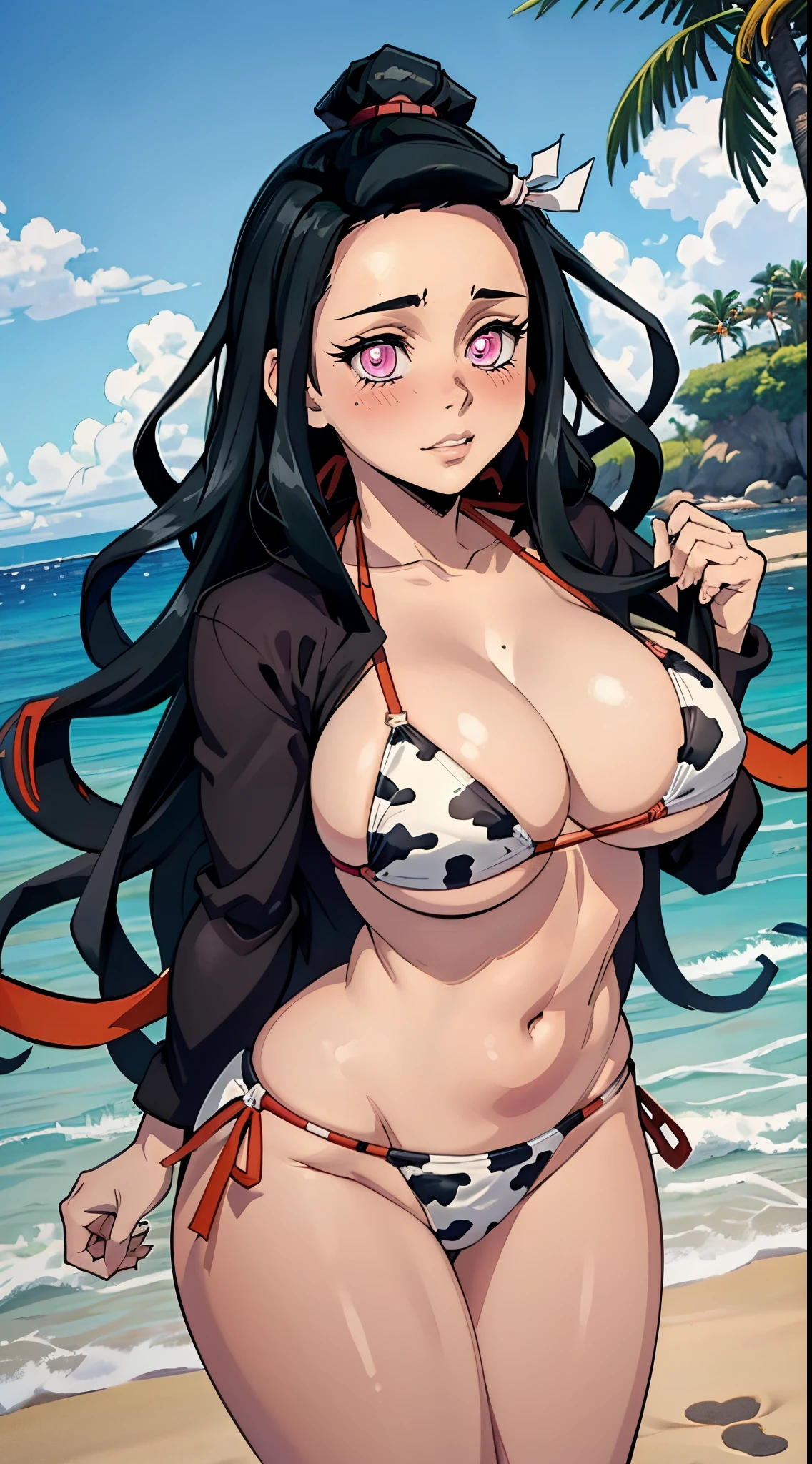 (best quality:1.3), (4k quality), Nezuko Kamado by demon slayer, ((Detailed face)), (()), (Big boobs), sexy, ((bikini cow)), ((beach)),