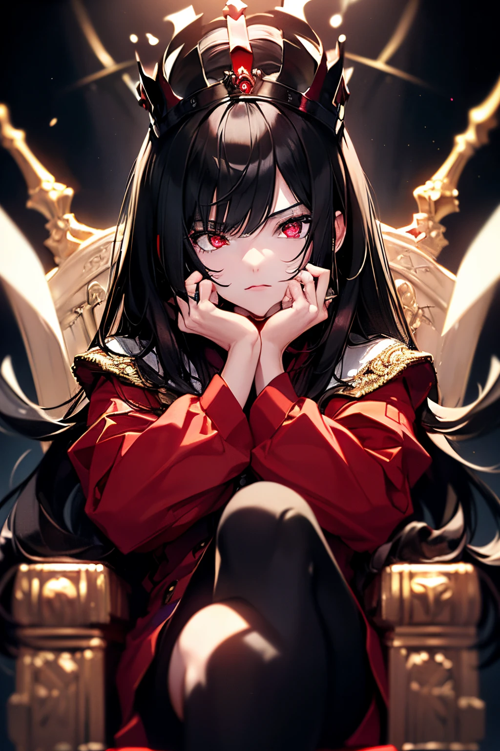 scene:0.9, (masterpiece), (((ultra detailed, 8k quality))), high quality, (a girl in a school uniform, sitting with her legs crossed on a throne), ((wearing golden crown)), (long black hair, side bangs), (full body:0.7), ((torso)), perfect fingers, (hands on arm rests), wide shot:0.7, from below, expressive ruby red eyes, (looking at viewer with pleading eyes, black hair, side bang, expressive red eyes:0.7, glowing red eyes), (depth perception:0.7, black background, blurry background), 14 years old, (distanced),