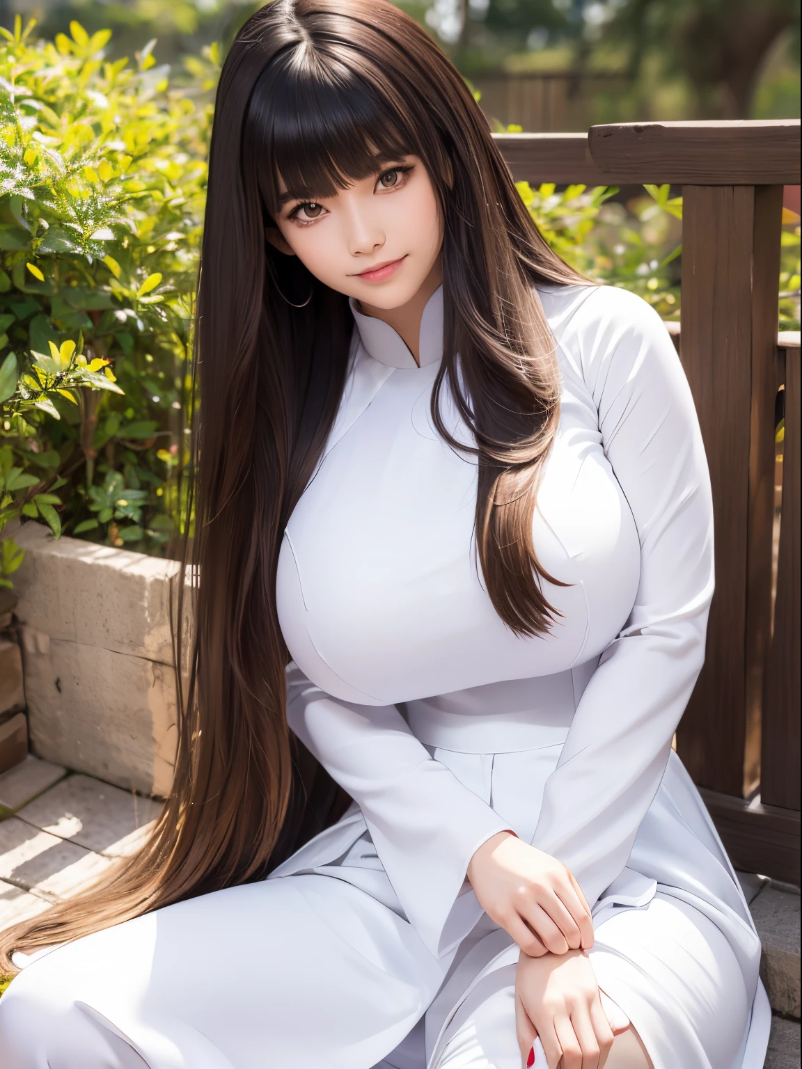 1 girl, (solo:1.2), long hair, brown hair, (huge breasts:1.6), (parted bangs:1.3), light smile, white indonesian highschool uniform dress, white ao dai, aodai, long sleeves, outdoor, beauty, non la, pettiskirt, long sleeves, kneeling, crouching, balanced eyes, thin eyebrows, makeup, perfect face, balanced face, focus on face, close up, BREAK ((Best Quality, 8k, Masterpiece: 1.3)), Sharp Focus: 1.2, Beautiful Woman with Perfect Figure: 1.4, Slender Abs: 1.2, Highly Detailed Face and Skin Texture, 1finger touching corner of mouth, perfect lighting