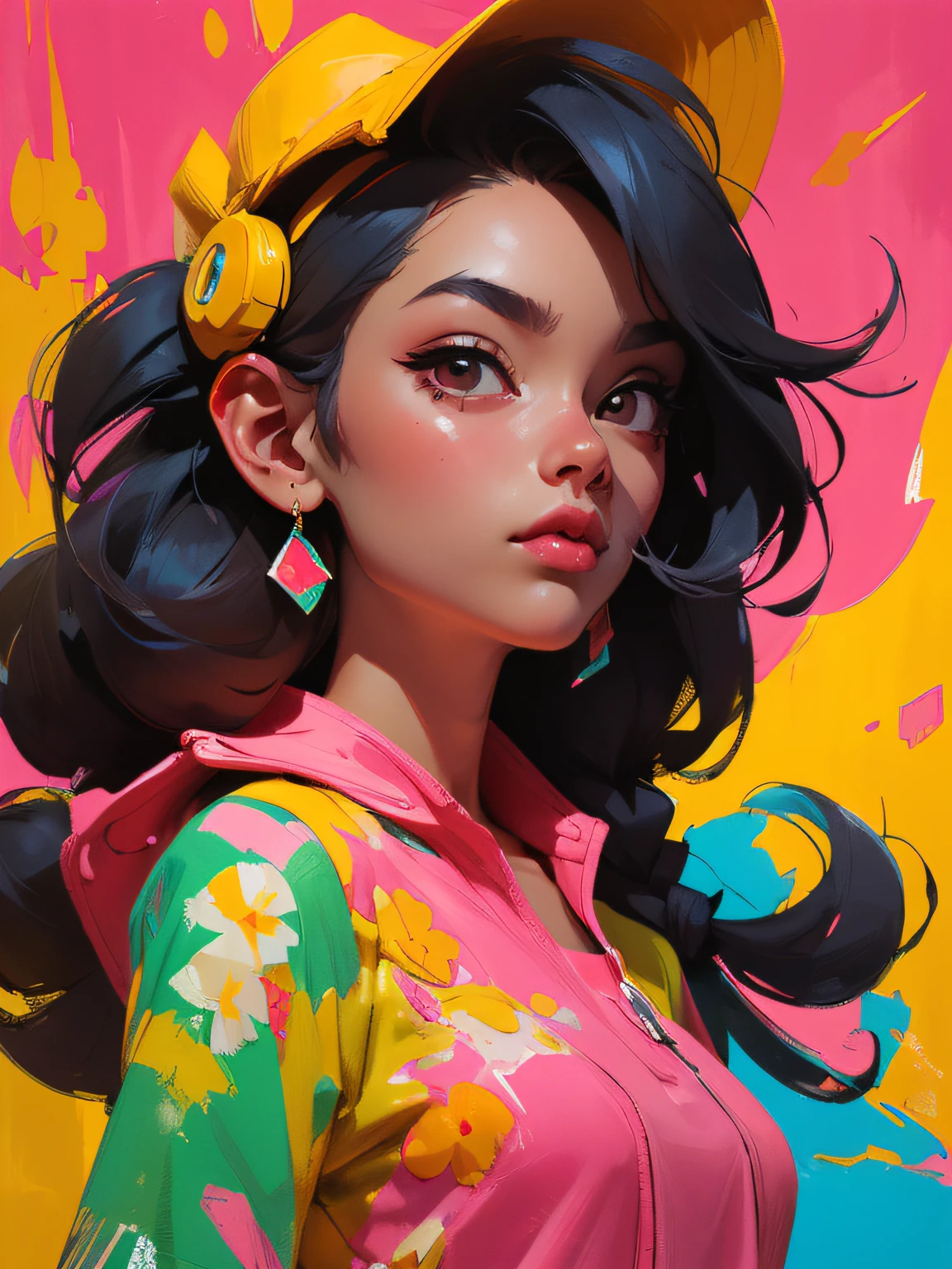 (Masterpiece, Best Quality, High Resolution), ((Paint Splash, Color Splash, Splash of Ink, Color Splash)), Sweet Chinese Girl, Rainbow Hair, Pink Lips, Front, Upper Body