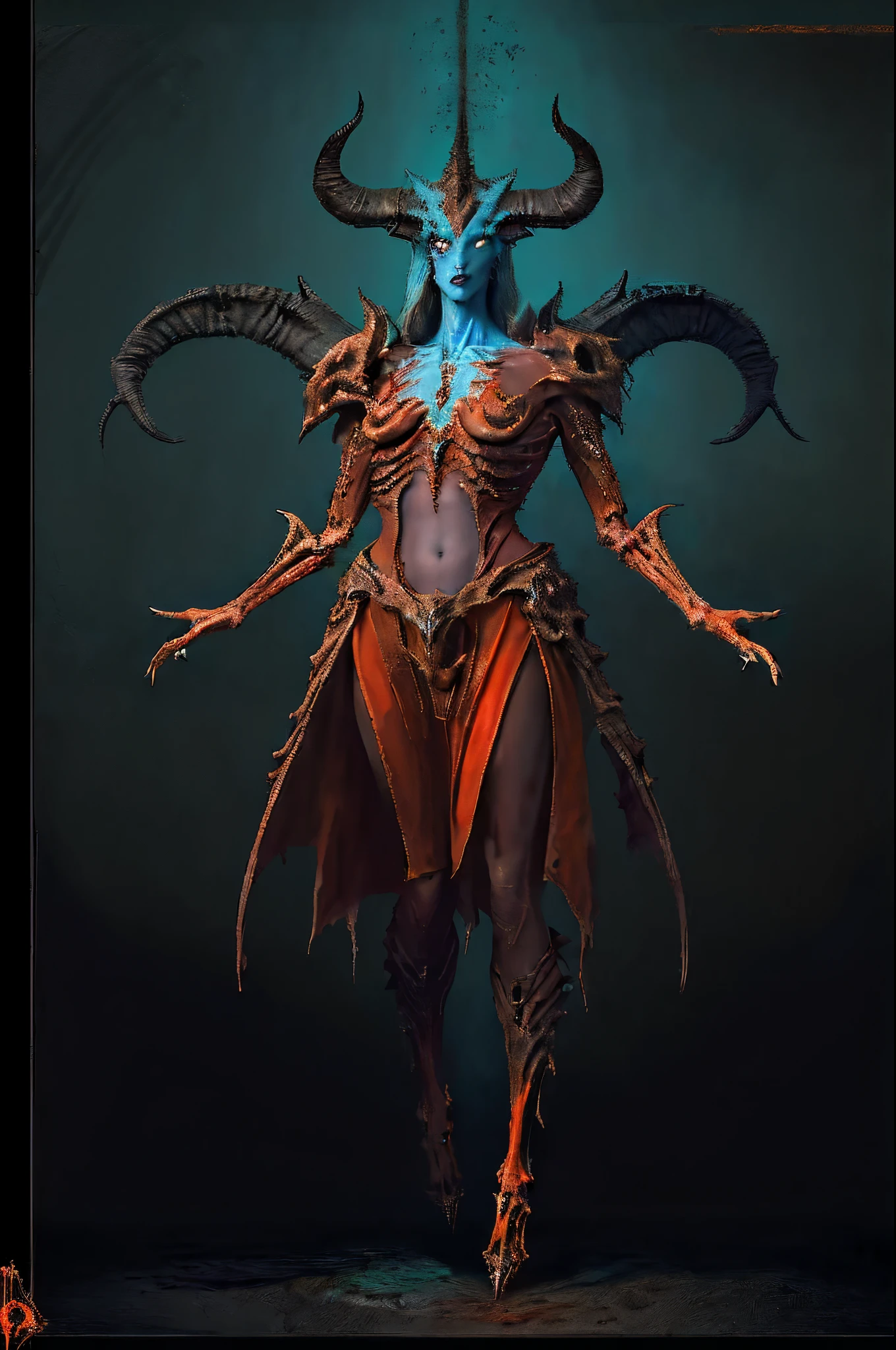 ((Sculpture design))，((full body portrait of person:1.6))，((undying))，((tmasterpiece))， ((Best quality)), Create a LOGO based on：D14bl0 style demon，The horns are ridiculously big，open devil wingusculous, Tall figure，Long white hair,detailed back ground，red - eyed，Stand at the highest part of the city，Observe the city，Under the demon army，Epic war fantasy digital art，tmasterpiece，high high quality，8K，UHD resolution，Detailed detail drawing，realistically，电影灯光，an award winning photograph，surreal texture，dramatic lights，((Anatomically perfect proportions))，((Detailed faces))，詳細な目，((anatomically correct limbs))，((correct hand))，(greg rutkovsky:0.8), (cyan and orange:0.4），