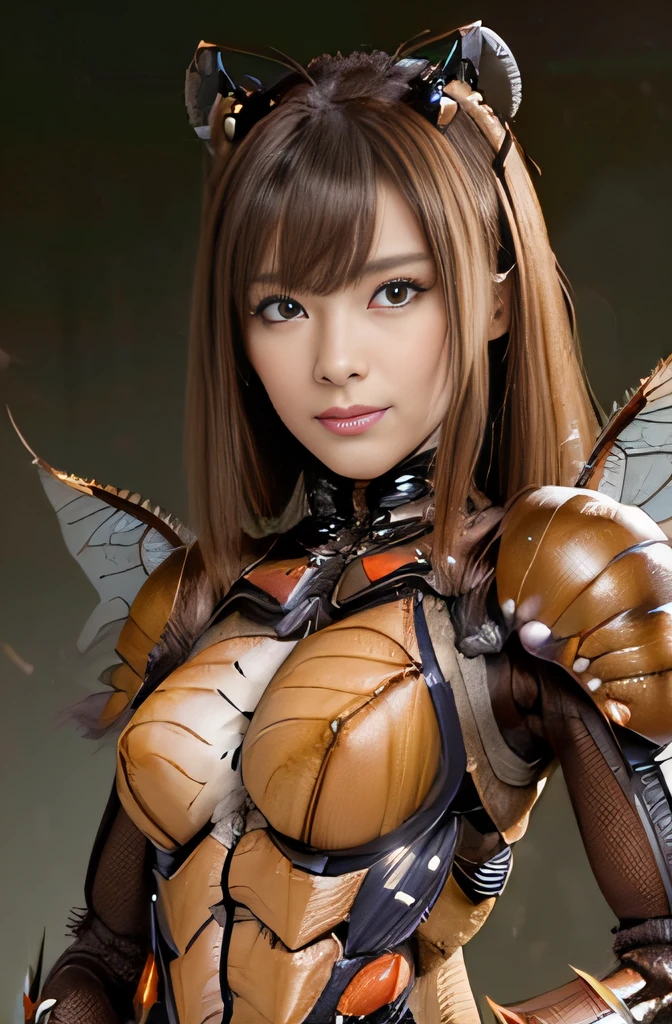 (high resolution,masterpiece,best quality,extremely detailed CG, anime, official art:1.4), realistic, photo, amazing fine details, all intricate, gloss and shiny,awesome many layers, 8k wall paper, 3d, sketch, kawaii, illustration,( solo:1.4), perfect female proportion,villainess, (fusion of dark brown cockroach and lady:1.4), (brown cockroach form lady:1.2), (brown cockroach lady:1.2), (fusion:1.2), (solo:1.4), (evil smile:1.2), muscular, abs, (cockroach brown exoskeleton bio insect suit:1.4), (cockroach brown exoskeleton bio insect armor:1.2), (brown transparency cockroach wing:1.4), (brown cockroach antennae:1.3),