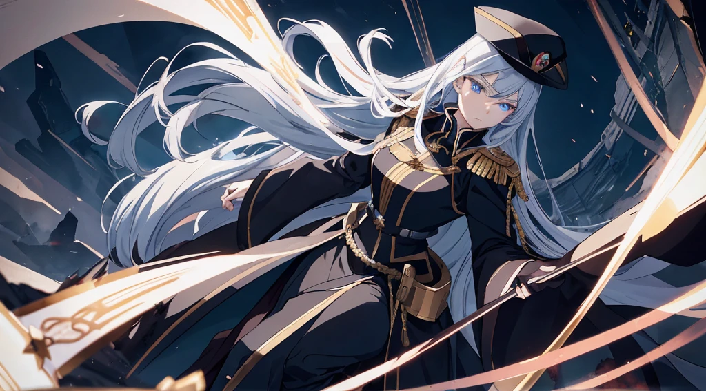Masterpiece, best quality. 1 Anime lady ( woman), Solo, (Look at viewers) . Stern looks. She wearing black epaulette dress, black commander hat, have glowing light blue eyes. She have very long white hair. There's God Ring behind her. Cinematic light. (War, destroyed ground, Ashes flowing). Releasing power. blue aura.