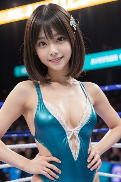 A pretty girl with perfect figure,(Lori,14years,150cm), (Lori,Cyan one-piece swimsuit), Very small breasts,Straight short hair,bangss,Stand in the ring of professional wrestling,extremely detailed face and skin, Detailed eyes, Double eyelids,Pose with hands on hips,long wrestling boots,shairband,Lace gloves,Less muscle,skinny thigh,Nogizaka46,Grinning smile,Looking from below