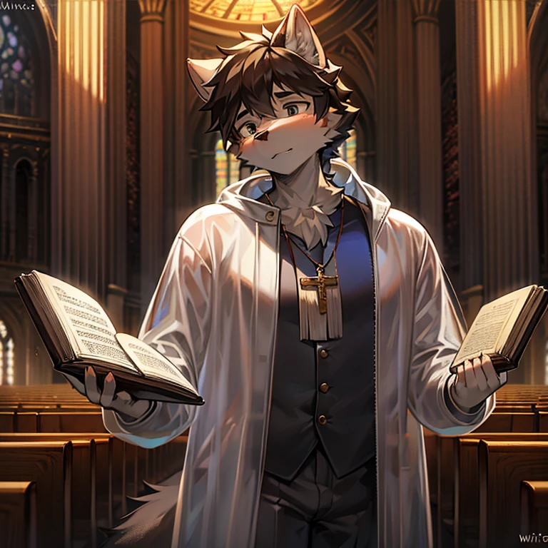 god father，Middle age，male people，Canine ears，shaggy，whaite hair，Transparent white jacket，in churches，with bible in hand，the only person，sacred and solemn