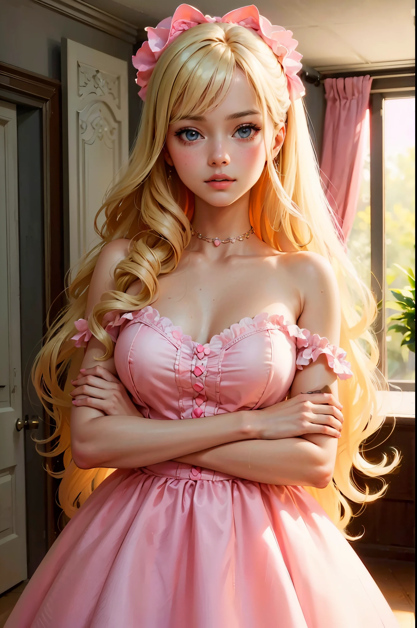 barbie wear pink dress blonde long hair, masterpiece, hyperdetail,8k , sharp eyeasterpiece, best quality:1.2),(8k,highres,RAW photo,realistic,photo-realistic:1.3),(detailed skin texture,detailed cloth texture,beautiful detailed face:1.25),professional lighting,photon mapping,beautiful soft light,radiosity,physically-based rendering,model shoot style, model shoot style, (extremely detailed CG unity 8k wallpaper), full shot body photo of the most beautiful artwork in the world, complex 3d render ultra detailed, looking at viewer, 18 yo, wet hair, real human skin, vibrant details, hyperrealistic, beautiful, octane render, 8k, best quality, masterpiece, an extremely delicate and beautiful, extremely detailed ,CG ,unity ,wallpaper, (realistic, photo-realistic:1.37),Amazing, finely detail, masterpiece,best quality,official art, extremely detailed CG unity 8k wallpaper ,extreme detailed eyes, (perfect face), shiny skin, colorful, highest detailed, vibrant colors, ultra high res, (high contrast), intricate, lens flare, ,Rapunzel, ridiculously long hair