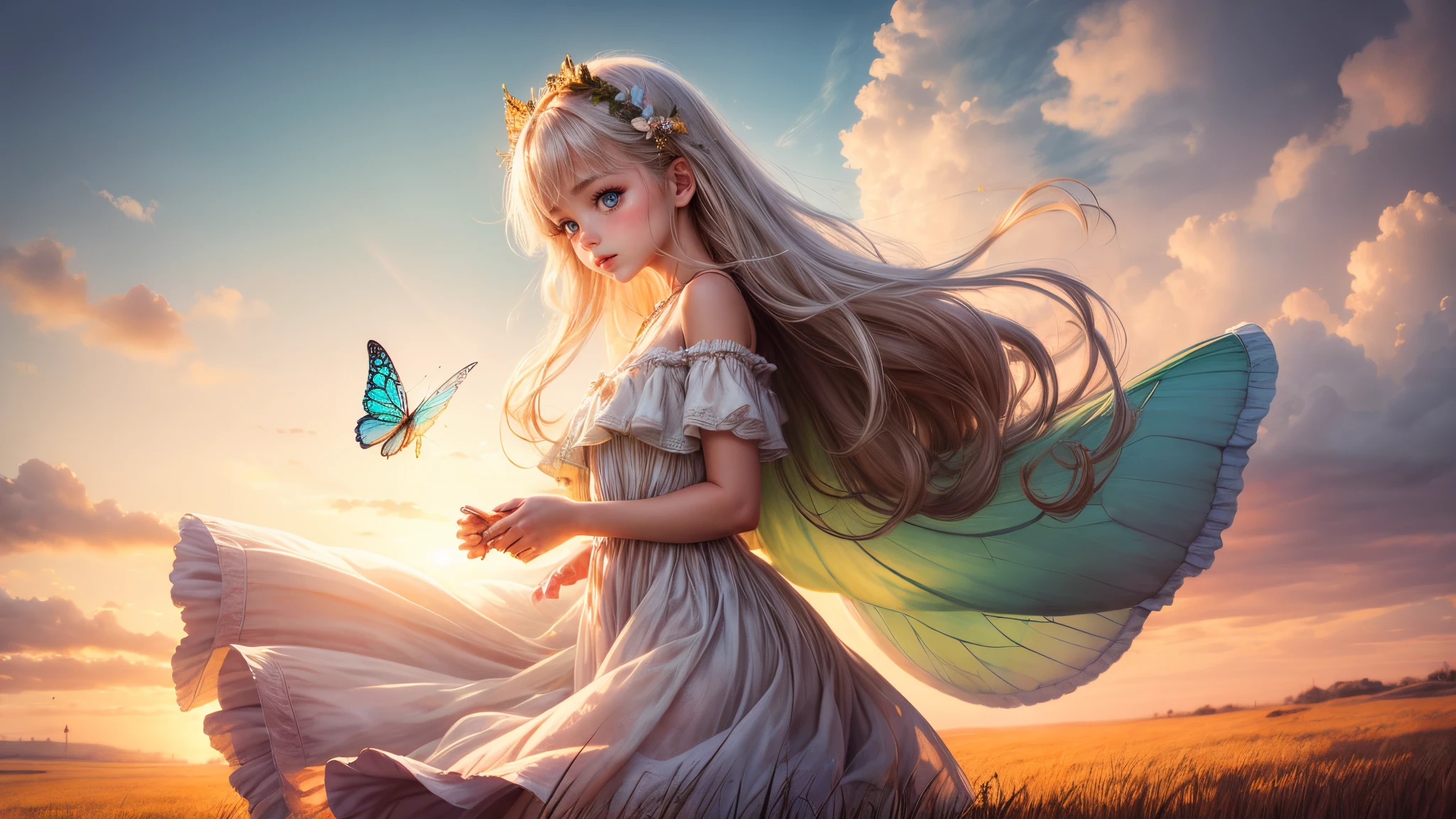 ((Innocent)) girl, golden hour, dreamy meadow, ethereal, whimsical, flowing dress, soft sunlight, enchanting, butterfly wings, (pastel clouds), liquid reflections