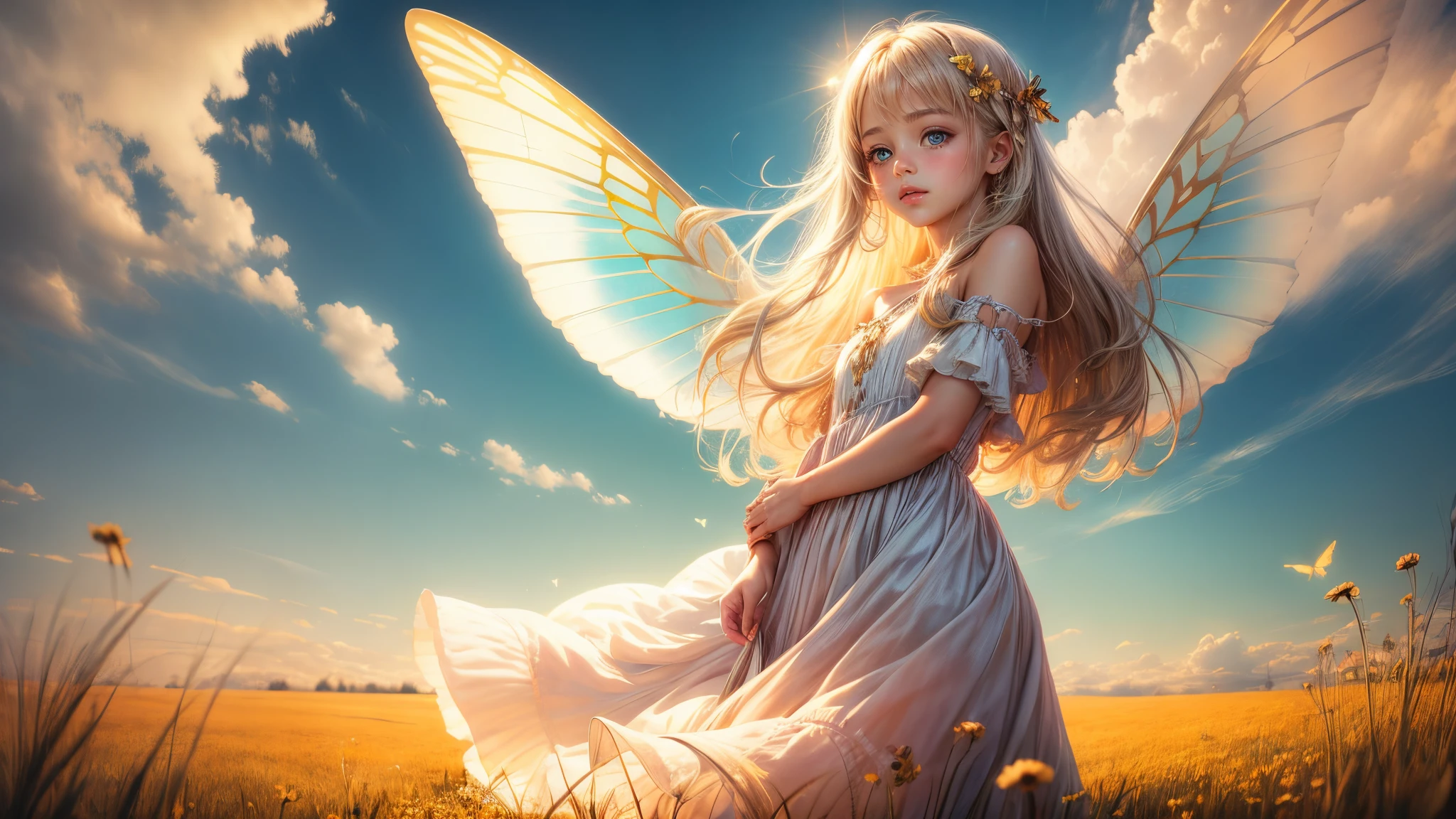 ((Innocent)) girl, golden hour, dreamy meadow, ethereal, whimsical, flowing dress, soft sunlight, enchanting, butterfly wings, (pastel clouds), liquid reflections