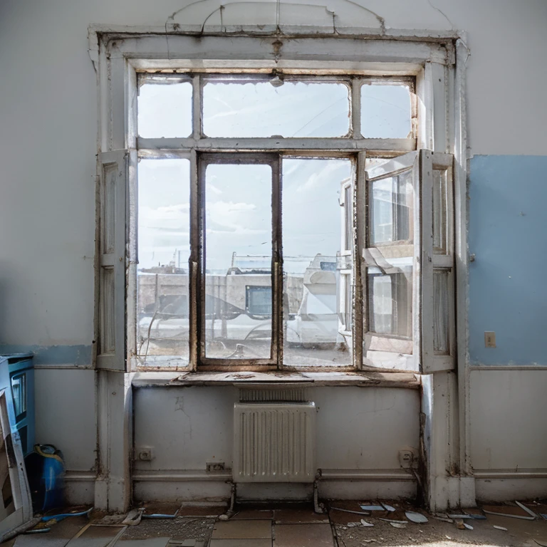 Abandoned room with two square windows with rectangular frame with white and blue light, hiperrealista, 8k, iso800, Photo Award