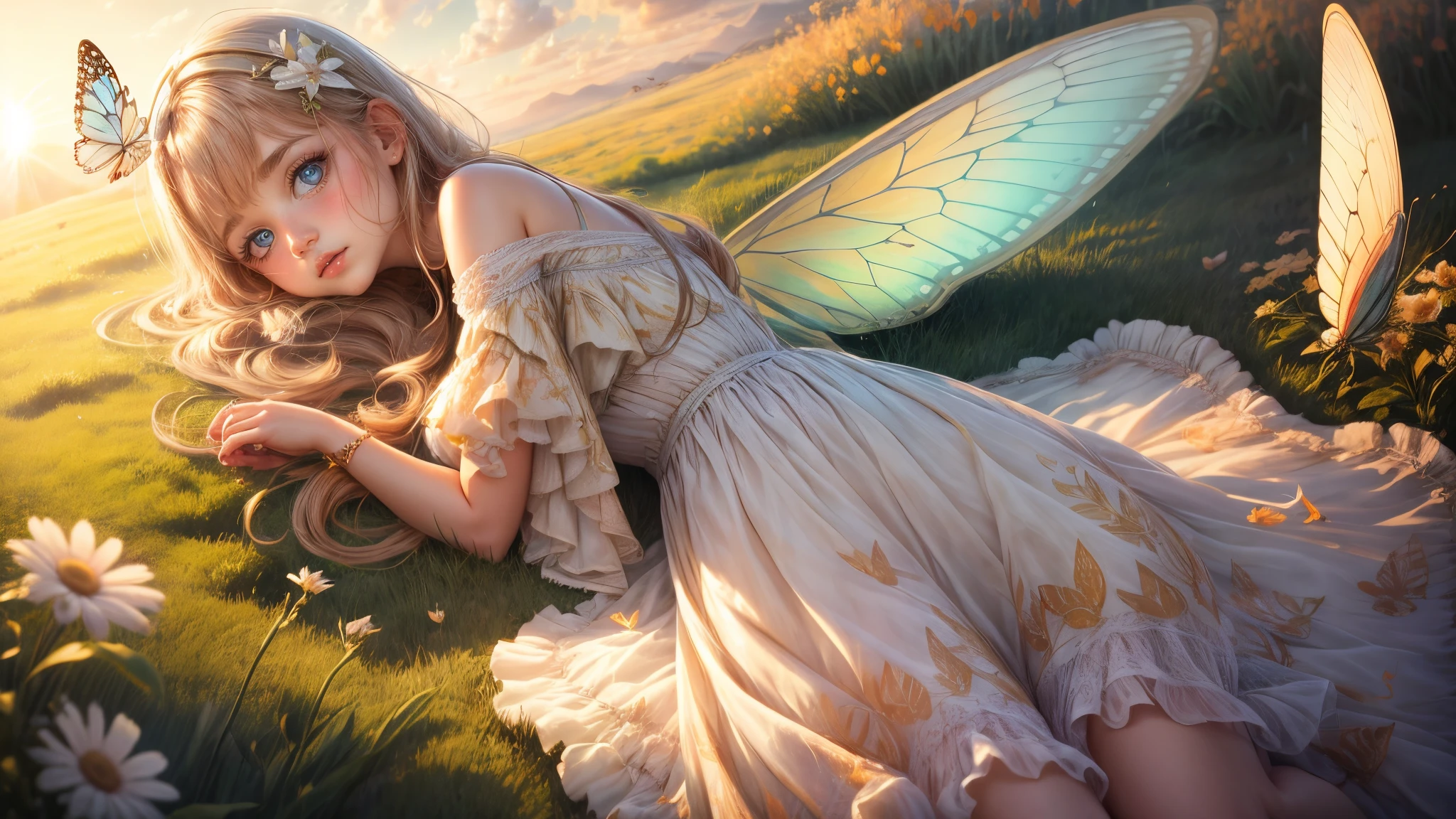 ((Innocent)) girl, golden hour, dreamy meadow, ethereal, whimsical, flowing dress, soft sunlight, enchanting, butterfly wings, (pastel clouds), liquid reflections