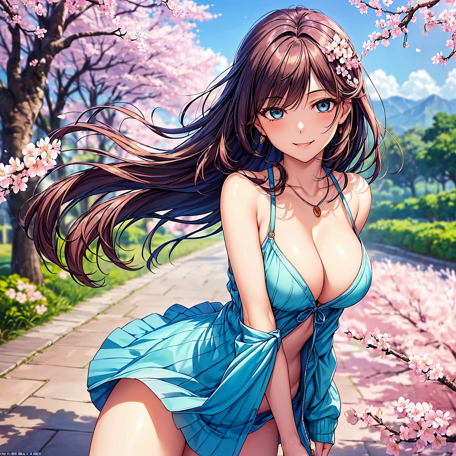 (top quality picture、masterpiece level、very high res、超A high resolution,High quality detailing)、(A 24-year-old beautiful girl with perfect and ultimate beauty.,beautiful breasts and figure,Beautiful body,美丽的面容,Strong-willed eyes,has a bright smile:1.5)、(There are many variations of hairstyles,The bangs are neatly arranged,long straight hair on the sides,Beautiful hair:1.2),lifelike textures,Beautiful colors,(Wear sleeveless knitwear,1 diamond necklace,wearing miniskirt,Wearing clothes that expose the shoulders,Beautiful legs are visible,),(A path lined with flourishing cherry blossom trees,Cherry blossoms in full bloom,The wind is blowing,Hair flutters under the influence of the wind:1.2),(model poses,modelshoot,Magazine shooting),(Beautiful Landscapes,The whole body,accurate anatomy、extremely detailed picture、Accurate images、Perfect Image 1.5)、beautiful anime woman, Beautiful Art Style, an animated character、(The whole picture、Detailed picture、Defect-free images、natural soft light、beautiful image),(Best Shot 1.2)