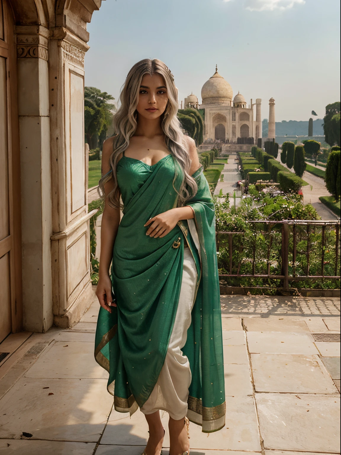 Cute italian girl, dyed platinum hair, hair regrowth, wavy hair, green big eyes, sparkles, small nose, beautiful girl, natural light, detailed face, wearing indian dress, wearing sari, full body, taj mahal in the background