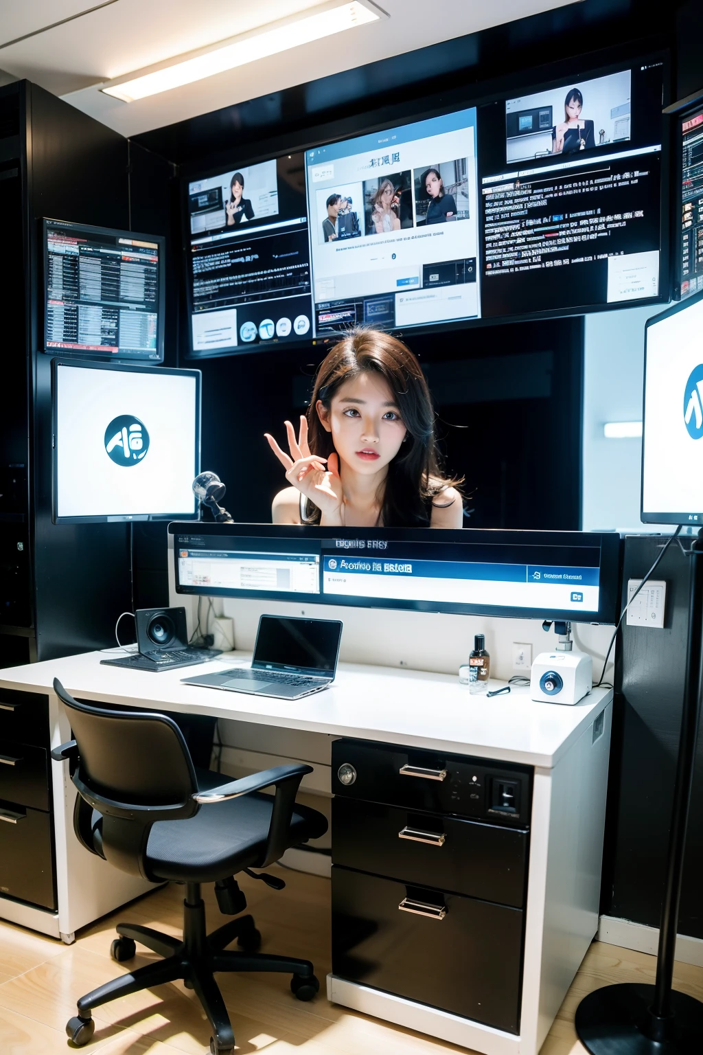 male and female news anchors, on-air studio, giant monitors, staffs,