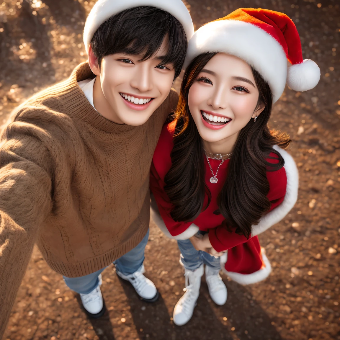 Xmaslover，Top-down perspective,fullbody shot of a pair of chinese young lovereautiful and handsome，1 gril，1 boy，detailed face and eyes，laughing, Fantastic gorgeous background，skin textures，UHD，realistic，3d，((Best quality)), ((Masterpiece)), anatomy correct，