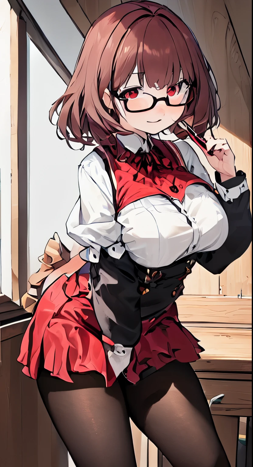 (( 1 girl in)), NSFW、Be red in the face,brunette color hair、red eyes,Wood digging tits big、((Thigh thick))、perspiring、short detailed hair、(())、red mini skirt、eye glass，lewd poses，raise，lacepantyhose，underdressing，Lace edges