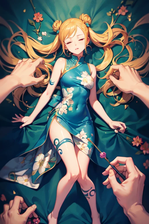 photography of a nami from one piece, perfect face, (nami’s upper arm blue pinwheel tattoo), fullbody:1.4, masterpiece, kunoichi outfit, mini dress, sleeveless and with a floral pattern, ((pov, pov hands,pov lifting, pov grab))
