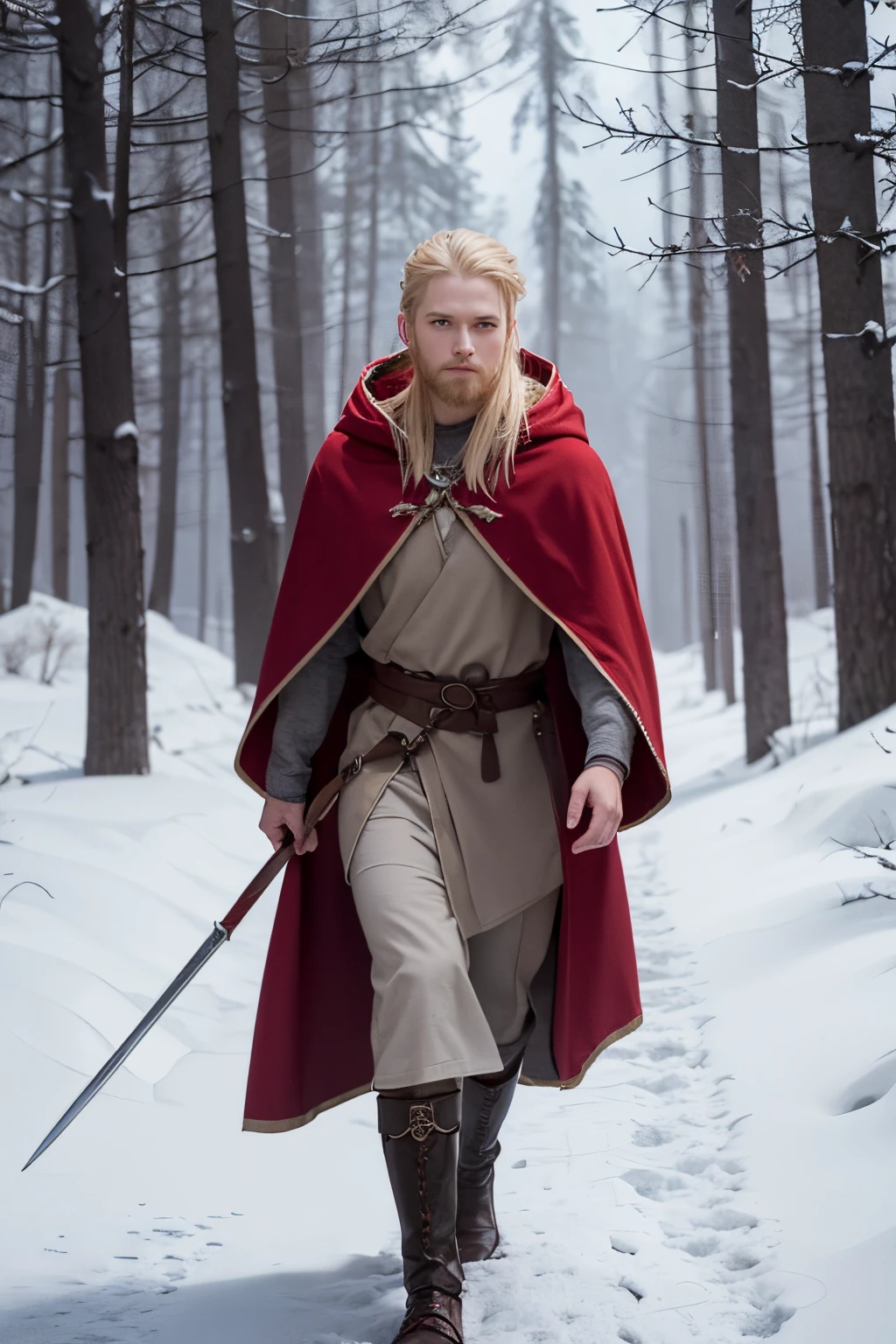 Make a blond viking in a red and grey cloak walking in a snowy light forest, on warts to a castle