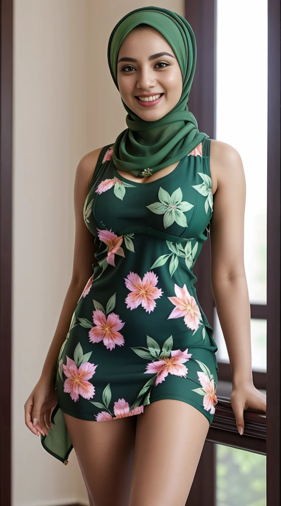 malaysian lady, hijab wearing, sharp focus, perfect body, big breast, smiling face , green floral pattern hijab and lingerie style dress sexy