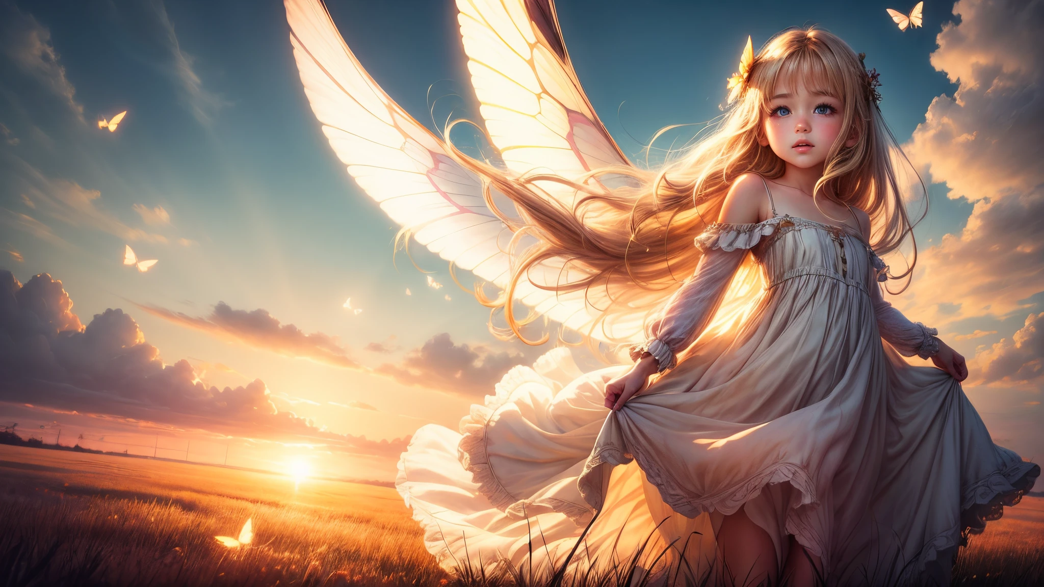 ((Innocent)) girl, golden hour, dreamy meadow, ethereal, whimsical, flowing dress, soft sunlight, enchanting, butterfly wings, (pastel clouds), liquid reflections