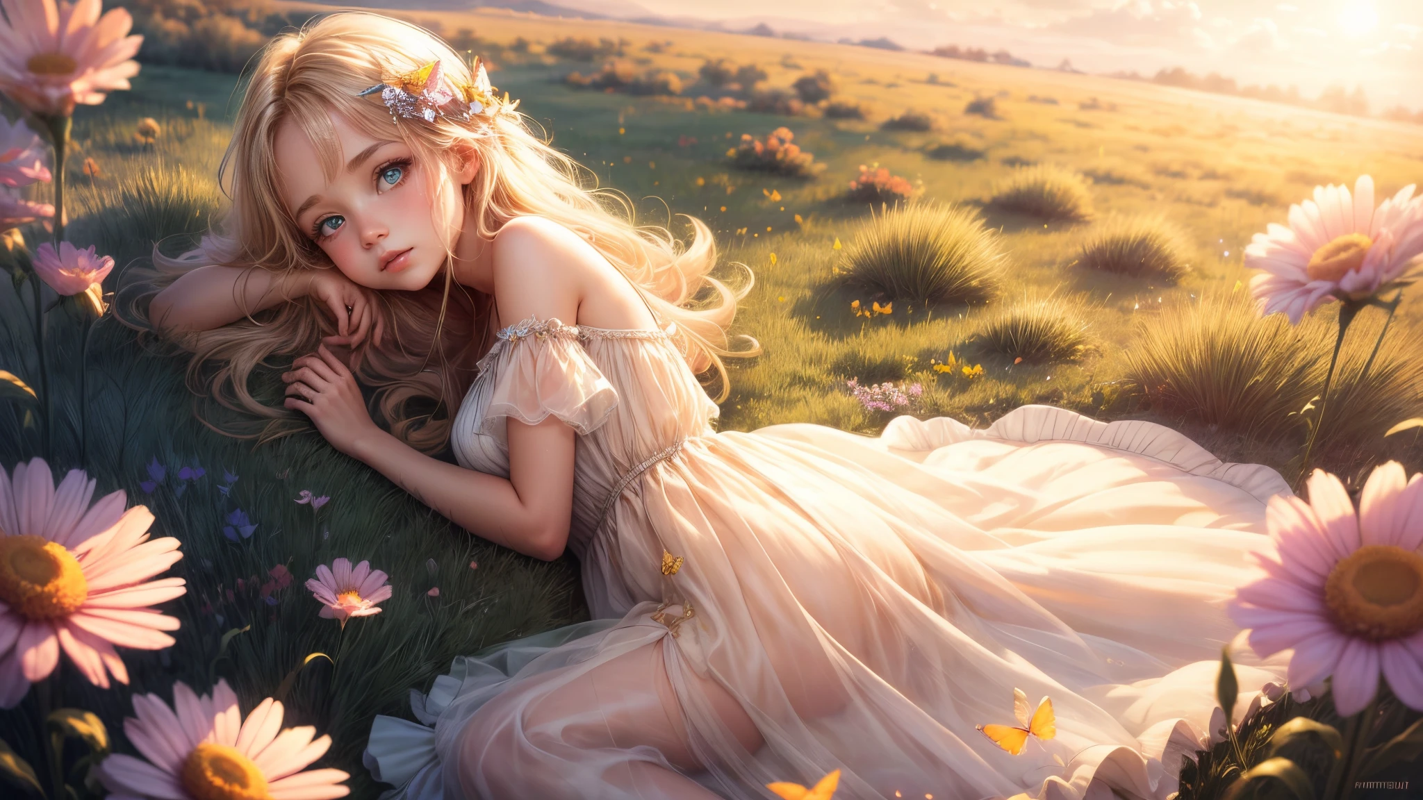 ((Innocent)) girl, golden hour, dreamy meadow, ethereal, whimsical, flowing dress, soft sunlight, enchanting, butterfly wings, (pastel clouds), liquid reflections