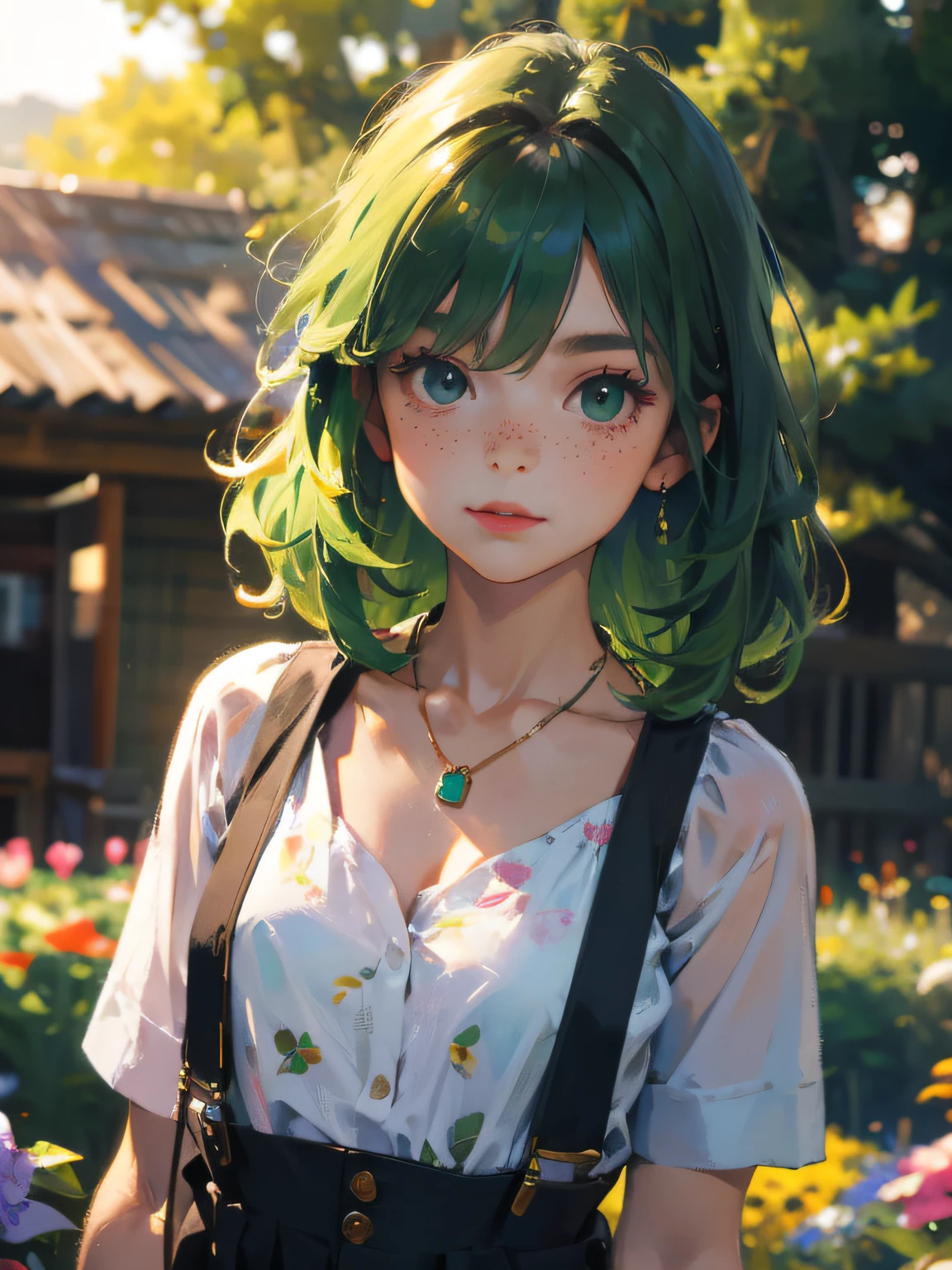 (masterpiece, best quality), 1girl, collarbone, straight hair, looking at viewer, blurry, upper body, necklace, suspenders, floral print, freckles, green hair, sunlight,