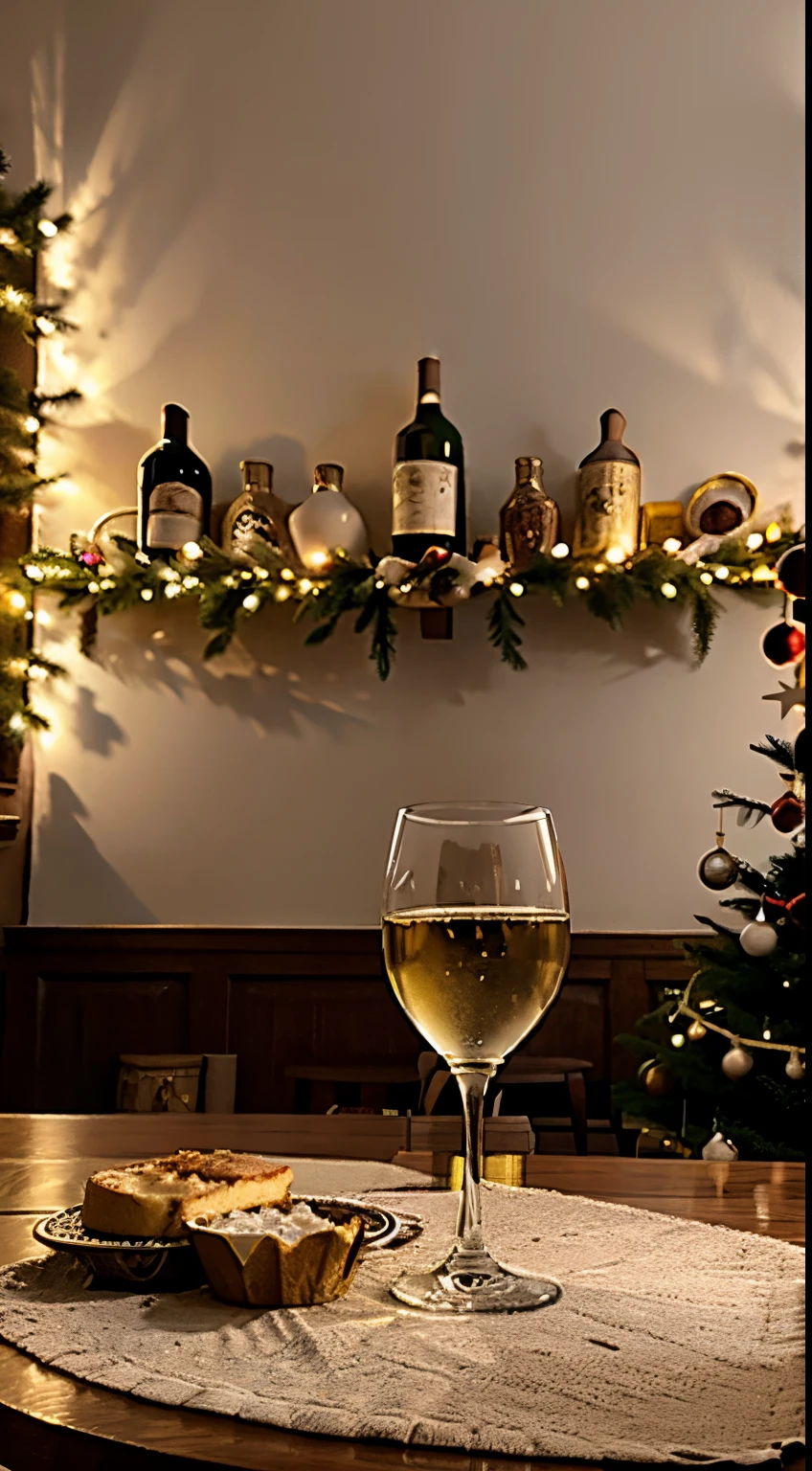 high definition detail,tmasterpiece,((There a bottle of white wine on the table)),cupcakes and bread, goblet, Christmas tree, Window lighting , brightened light, Background floral pattern curtains, Christmas bunting,Christmas gifts, classical decorative painting , In a retro bar, Bright background, Good sunshine, festive atmosphere,NOhumans