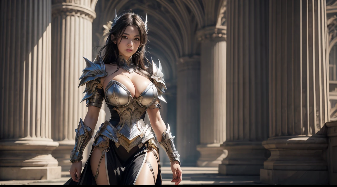 ultra - detailed, The beautiful, tmasterpiece, Best quality at best, Delicate and beautiful round eyes, beautiful detailed face, mid - length hair, random hair style, Random color hair, random eyes color, forehead, in silver and black dress, heroes, detailed fantasy art, Stunning character art, Fan Art Best Art Station, Epic and beautiful character art, beautiful armor, Very detailed ArtGerm, Fully detailed armor, detailed digital anime art, Artgerm on ArtStation Pixiv, Armor Woman, (humongous large breast, (humongous large breast:1.1), Bust thickness, thick-waisted), (Wide hips:1.4, upper legs, body beautiful), Mature woman, Ancient ruins, beatiful background, 1 plump girl, Alone,(Full-body photography:2.0), express in detail