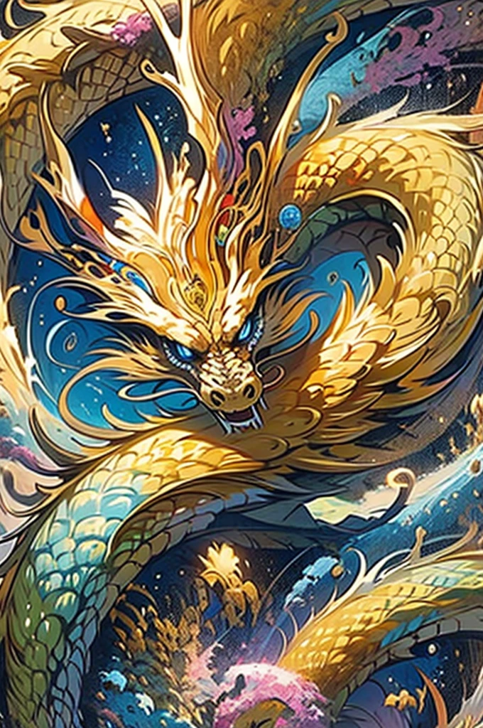 16K Ultra High Definition Ultra Detail Masterpiece Full Color ,blue dragon, gold, fly over the Earth