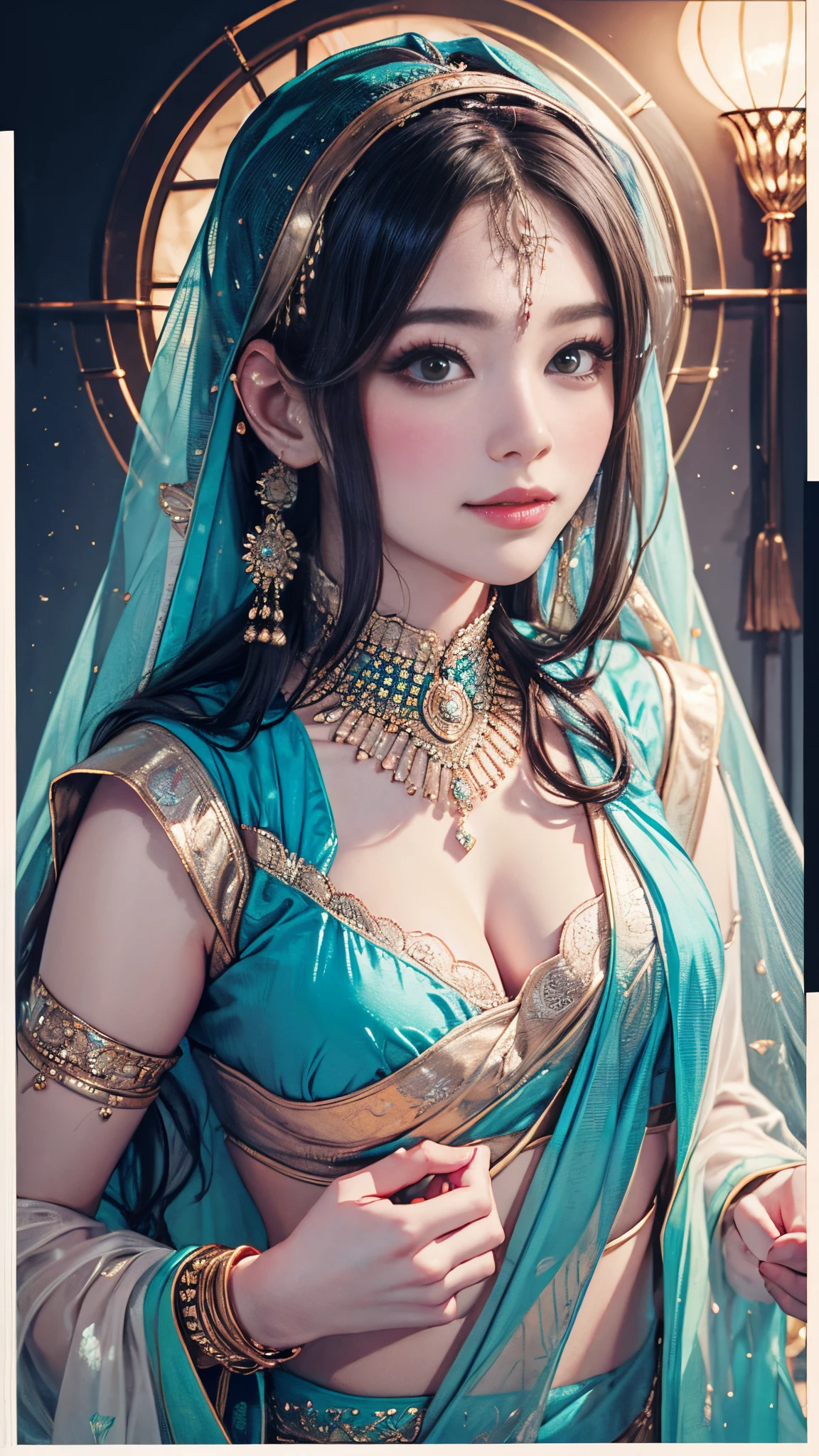 8K,​masterpiece,top-quality ,Dynamic Pose,indian castle,30 year old beautiful Korean woman,Portrait, light, Long hair, ssmile, watercolor paitingium\),watercolor paiting,(Sari that clings to the body:1.3)