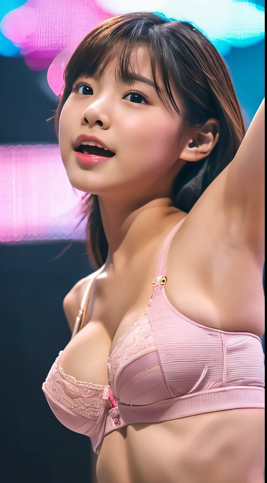 high-level image quality、hight resolution、10years old girl、Young look、小柄、japanes、a beauty girl、Idol singer、stage、take off bra、 Appeal Pose、Sexy underwear figure、Obscene poses、Provocative underwear、Shooting from directly below、