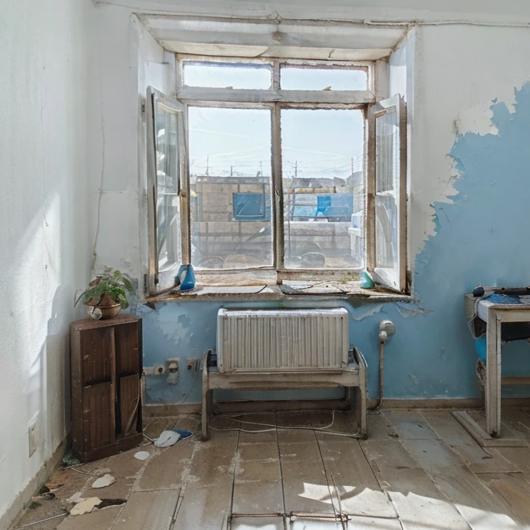 Abandoned room with two square windows with rectangular frame with white and blue light, mesa rota, silla rota, archivadores rotos, hiperrealista, 8k, iso800, Photo Award