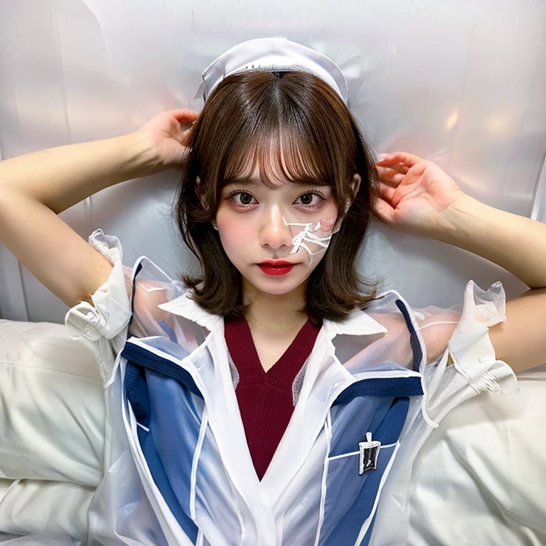 ((A very beautiful nurse takes off her clothes on the bed)). (wearing a white transparent nurse's uniform: 1.5). 40k, photo, masterpiece, top quality, cute, (short hair). Beautiful Japan woman with soft breasts and white skin, various poses. ((Big: 1.2)), ((Has very soft breasts, lies down and opens the crotch wide, is restrained)), ultra-detailed face, detailed eyes, Yui Aragaki, Sharp pupils, light brown hair, very short bob hair without bangs, (8K, Best Quality, Masterpiece: 1.2), (Realistic, Photorealistic: 1.2), On the bed, Lying down, Shirt, Skirt, Spread your legs, Unconscious, Sleeping, {{Ejaculation on face}},_in_mouth,_on_hair, Ejaculation on chest, Whole body,(((Thick white liquid on face))),(Thick white liquid on the body) , ((body is wet)), ((wet thighs)), (((thick white liquid dripping from the body)))), (((thick white liquid on the chest)))), Lying down, Mouth drenched with drool.