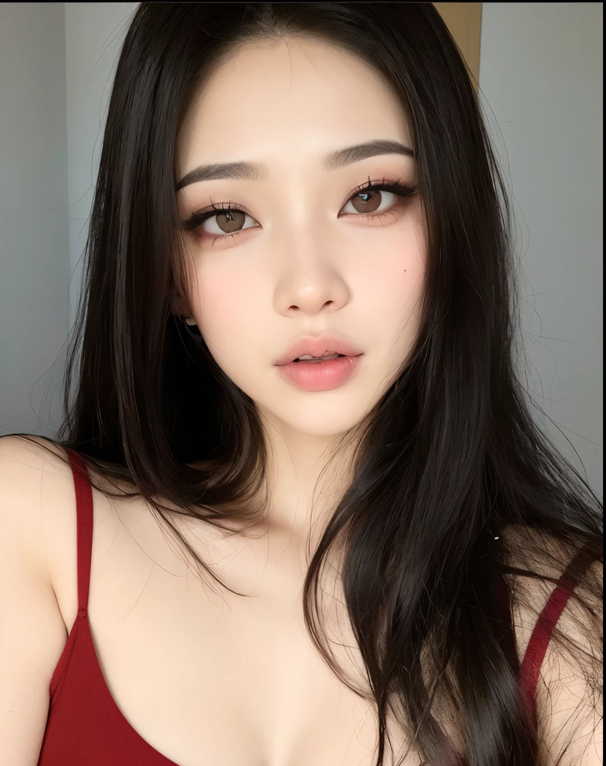 um close up de uma mulher com cabelos longos usando um top vermelho, olhos vermelhos e um rosto magro, cruel korean goth girl, menina coreana, com olhos vermelhos brilhantes, rosto sexy com maquiagem completa, Mulher sul-coreana bonita, com cabelos longos e olhos penetrantes, olhos vermelhos escuros brilhantes, korean symmetrical face, olhos vermelhos brilhantes, olhos vermelhos luminosos, linda mulher coreana jovem