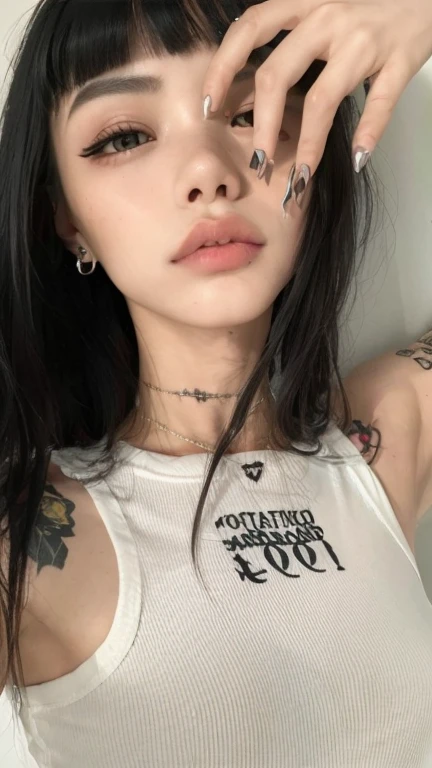 a close up of a woman with a tattoo on her arm, small lips pointy nose, piercing septal, 🤤 retrato da menina, small heart - shaped face, de menina taiwanesa com tatuagens, clear lips and high quality, with very thin lips, com tatuagem facial, anel nasal, cruel korean goth girl, small lips, goth girl aesthetic, piercing no nariz
