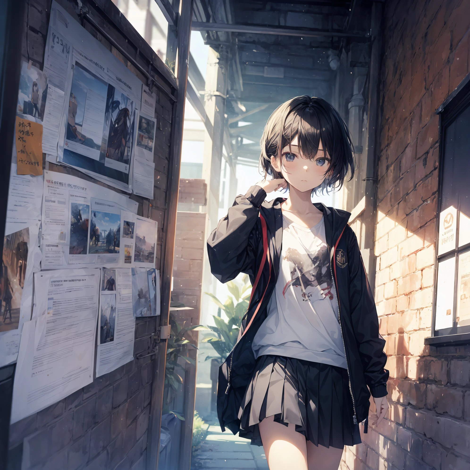 best god quality, Ultra-detailed, anime moe art style,Best Anime 8K Konachan Wallpapers,Pixiv Contest Winner,Perfect Anatomy, (Draw a girl sleepily walking to school. ),BREAK, 1girl is a cool beautiful girl, (Solo,Lori,,13yea:1.3),a junior gynous attraction, (Very short hair), hair messy,Forehead, Full limbs, complete fingers,flat chest, Small butt, groin, Small eyes,Beautiful detailed black eyes,Well-proportioned iris and pupils,disgusted eye, School uniform, Skirt,On the way to school. BREAK,High resolution,super detailed skin, Best lighting by professional AI, Everyday scenery illustration,
