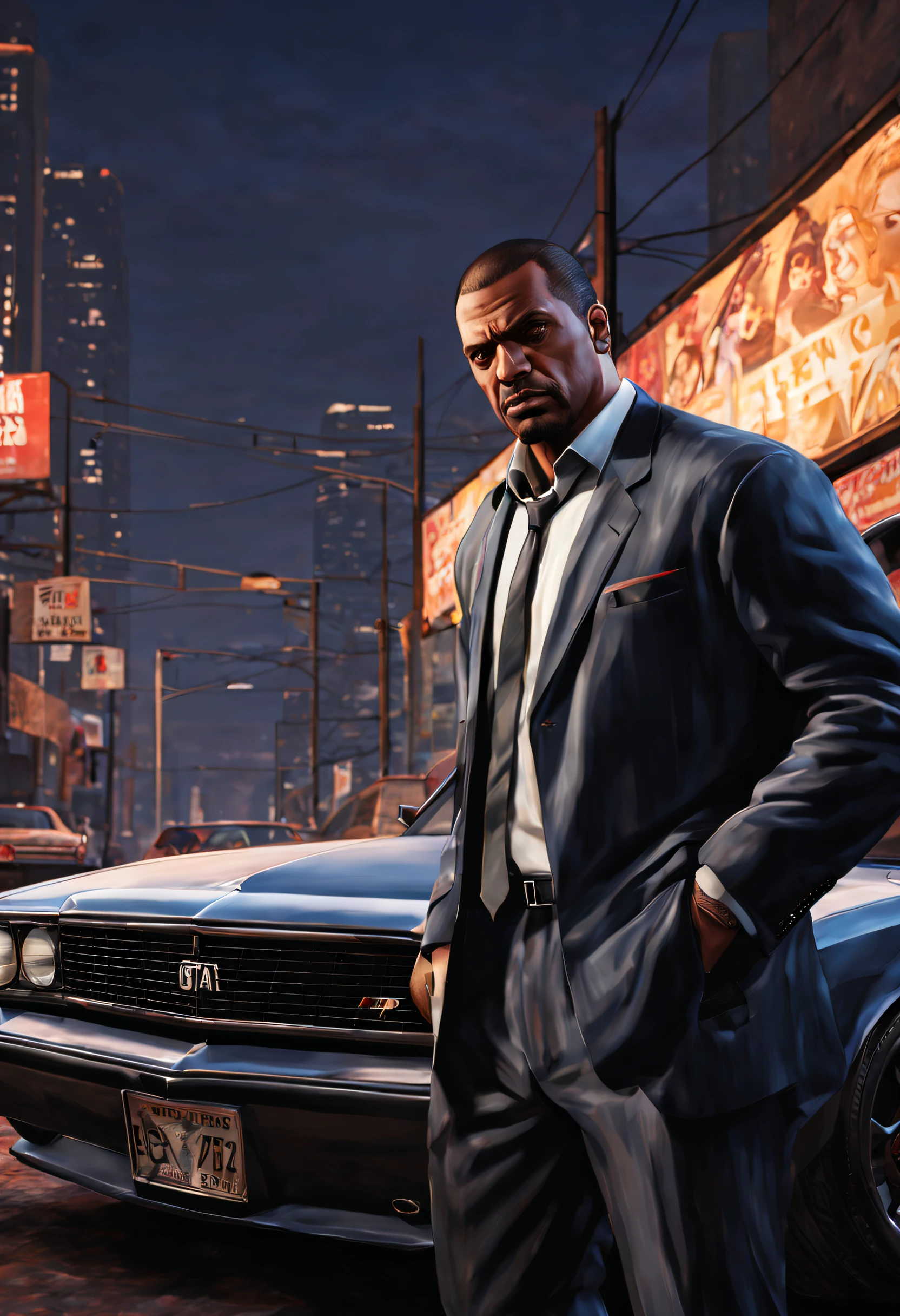 In a dynamic and gritty setting, a bold and intense portrait captures the essence of the ((GTA style)). (detailed GTA cars), embodies the spirit of the city's underworld. The dynamic structure evident as the subject interacts with the environment, creating a visually captivating and evocative scene that resonates with the edgy and intense aesthetic of the GTA universe, high quality, textured skin, 16k, highres