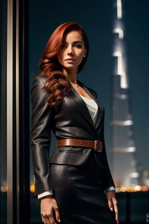 1 mature woman, 30 years old, very small age, demure, happy and playing in front of Burj Khalifa , colorful evening dress an , red-haired, elegant, penetrating and intense eyes PARA QUEM OLHA A FOTOGRAFIA, 8k, quality impressive, high resolution, award-winning photography, portrait, 1 brunette woman, (mature woman, Photogenic), elegant blazer, elegant jacket, belt, (founded in nova york), light skin, dramatic light, sharp focus, good aesthetic, high definition , highly detailed, neutral cores: 1.2), (HDR: 1.4), hyper detailed, cinemactic, hot lights, canon, Canon EOS 5D Mark IV, 8k, Ultra HD, DSLR. 1 woman