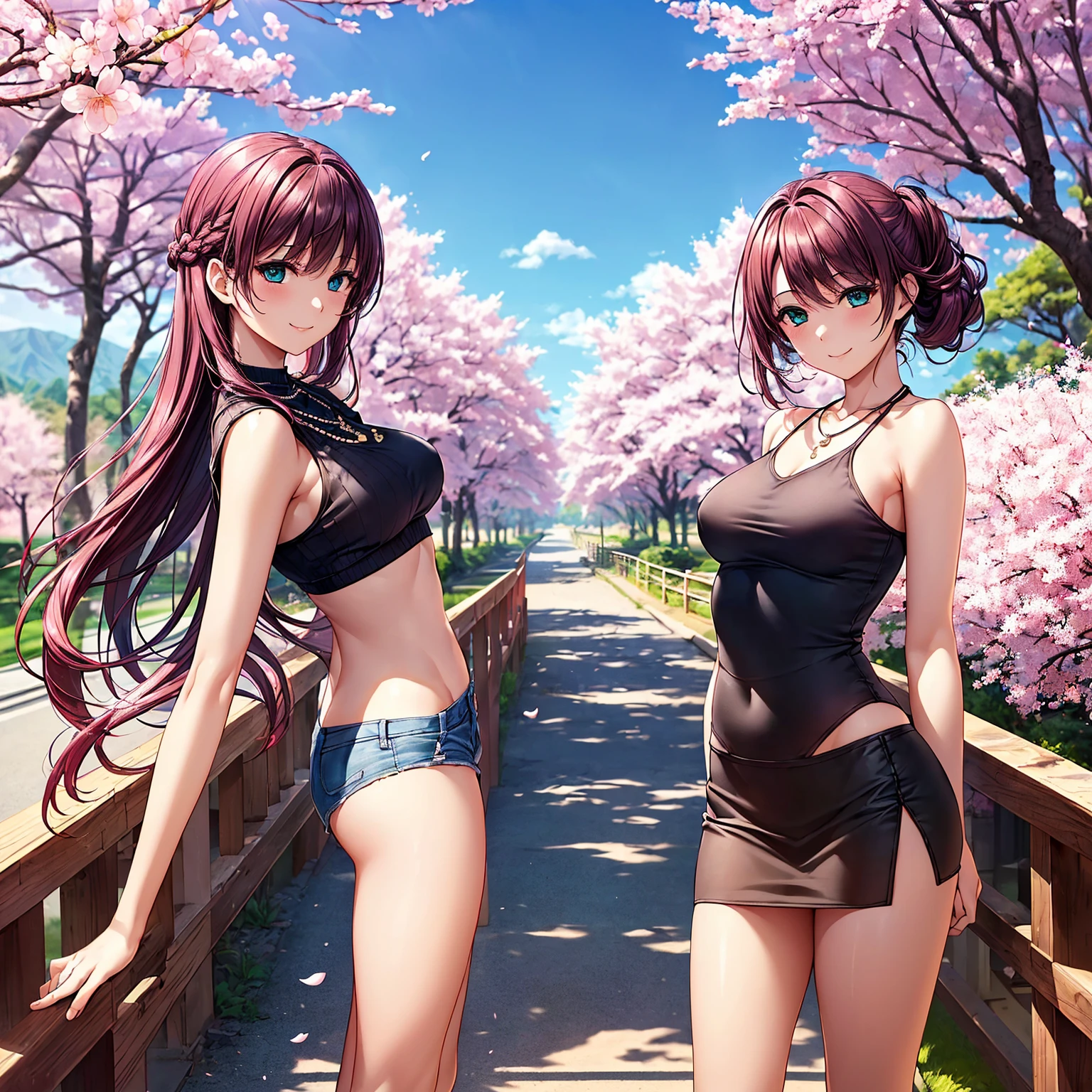 (top quality picture、masterpiece level、very high res、超A high resolution,High quality detailing)、(A 24-year-old beautiful girl with perfect and ultimate beauty.,beautiful breasts and figure,Beautiful body,美丽的面容,Strong-willed eyes,has a bright smile:1.5)、(There are many variations of hairstyles,The bangs are neatly arranged,long straight hair on the sides,Beautiful hair:1.2),lifelike textures,Beautiful colors,(Wear sleeveless knitwear,1 diamond necklace,wearing miniskirt,Wearing clothes that expose the shoulders,Beautiful legs are visible,),(A path lined with flourishing cherry blossom trees,Cherry blossoms in full bloom,The wind is blowing,Hair flutters under the influence of the wind:1.2),(model poses,modelshoot,Magazine shooting),(Beautiful Landscapes,The whole body,accurate anatomy、extremely detailed picture、Accurate images、Perfect Image 1.5)、beautiful anime woman, Beautiful Art Style, an animated character、(The whole picture、Detailed picture、Defect-free images、natural soft light、beautiful image),(Best Shot 1.2)