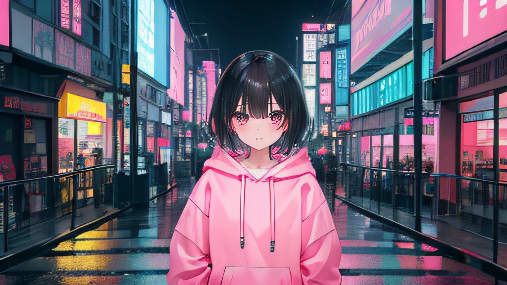 1 girl, short black hair, pink highlight hair, black and pink hoodie, hong kong city, absurdres, high res, ultrasharp, 8k, masterpiece, looking at viewer, rainny day, wet, night, neon light, traffic, buildings, metropolis