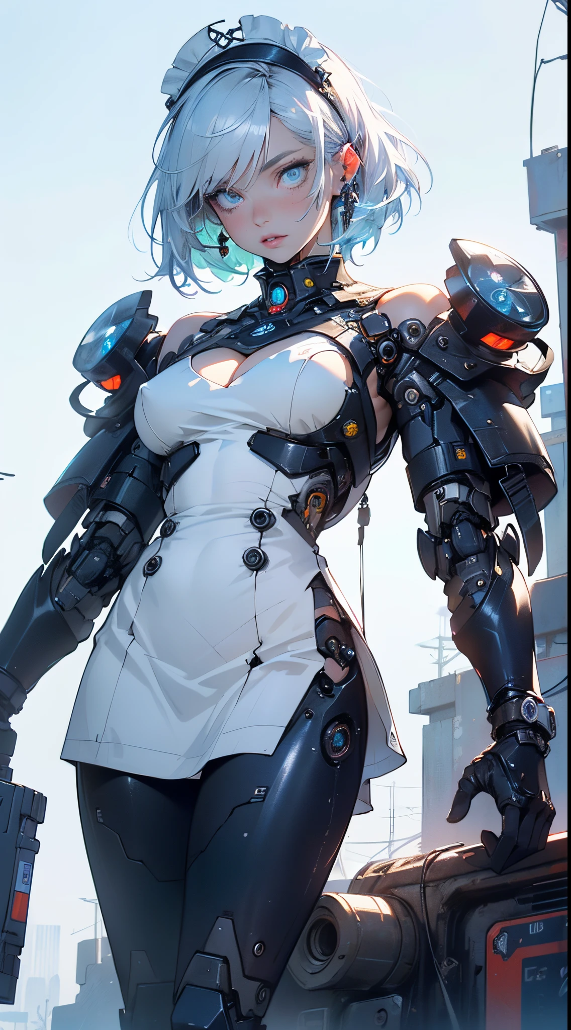 (cyborg girl),(cyborg girl:1.5),maid android,((1girl)),((mechanical robot girl with extremely cute and beautiful pale blue hair)),
(large breasts:1.4),saggy breasts,(((pale blue bob hair:1.35,colored inner hair,short hair,ear breathing))),(((doll))),((pale white skin,doll joints:1.5,mechanical hands:1.5)),((silver armored dress,tesla coils)),((maid mechanical doll:1.5,body of a machine:1.5,metallic skin,ball joint,cyborg:1.5, robotic parts:1.5,robot:1.5,mechanical joints: 1.4,mechanical limbs)),(((pale_blue_eyes:1.3))),intricate eyes,beautiful detailed eyes,symmetrical eyes,((fat)),(((lustrous skin:1.5,bright skin: 1.5,shiny skin,very shiny skin,shiny body,plastic glitter skin,exaggerated shiny skin,illuminated skin,wet legs))),(spider lower abdomen,narrow waist,wide hip,detailed body,(detailed face)),
cute,slutty,seductive,erotic,((nsfw)),
(maid headdress),bare_shoulders,delicate metal decorations,Headdress,(maid),sleeveless,miniskirt,boots,cleavage_cutout,bare_legs,((wet clothes,intricate outfit,intricate clothes,intricate details)),
(dynamic pose:1.0),embarrassed,(centered,scale to fit dimensions,Rule of thirds),
cyberpunk city by the ocean at night, with bright neon signs and dark stormy clouds and puddles, scenery:1.25,nighttime, starry night, cosmos,Very dark night that makes the neon lights stand out, very bright neon lights,nighttime, starry night, cosmos,,
artistic photography,(photography taken by sldr),highres, sharp focus,(ultra detailed, extremely detailed), (photorealistic artwork:1.37),(extremely detailed CG unity 8k wallpaper),((synthwave background theme)),(((vibrant colors))),intricate,(intricate background),(masterpiece),(best quality),perfect rendered face,perfect face details,realistic face,photo realistic,analog style,((intricate detail)),(((realism))),