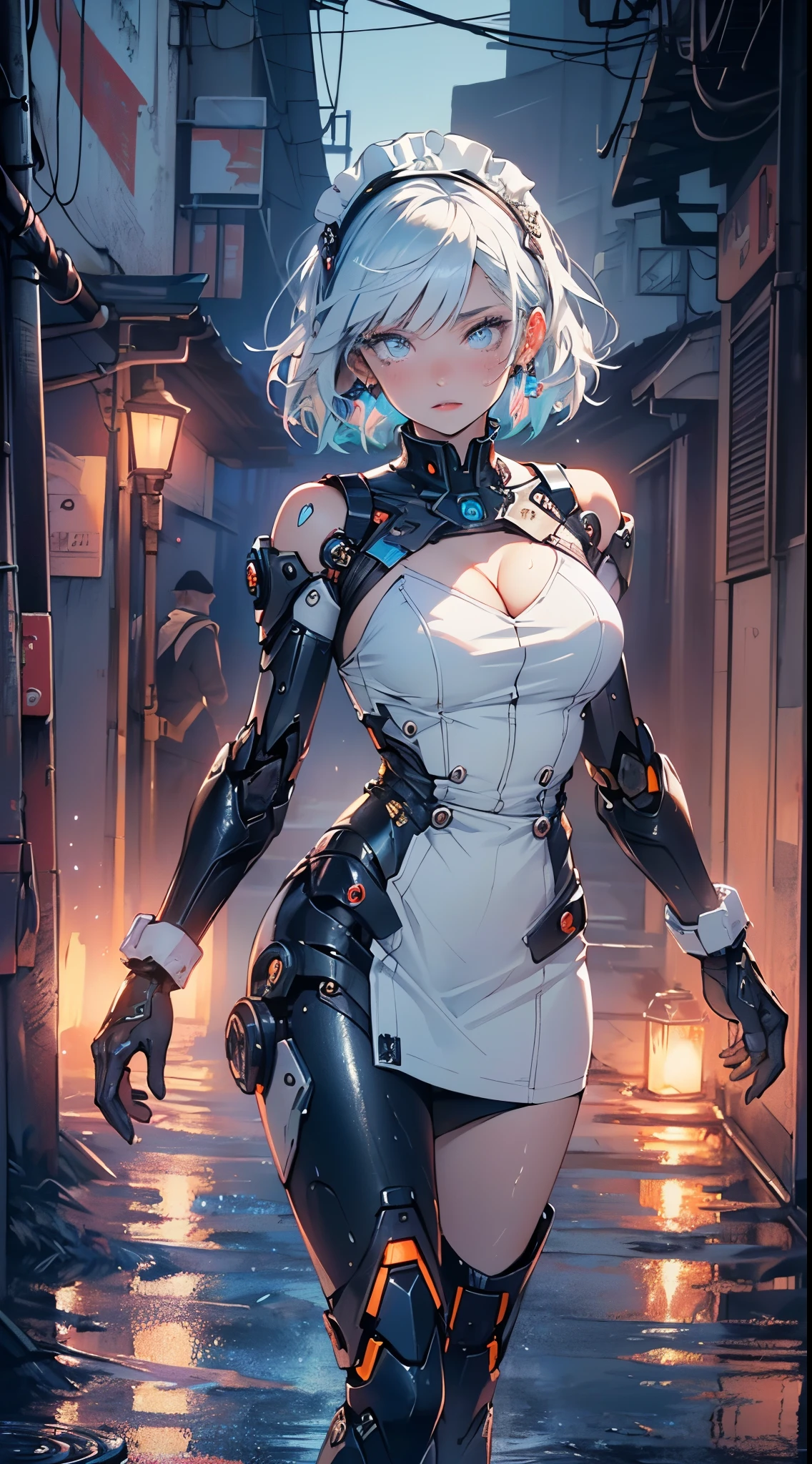 (cyborg girl),(cyborg girl:1.5),maid android,((1girl)),((mechanical robot girl with extremely cute and beautiful pale blue hair)),
(large breasts:1.4),saggy breasts,(((pale blue bob hair:1.35,colored inner hair,short hair,ear breathing))),(((doll))),((pale white skin,doll joints:1.5,mechanical hands:1.5)),((silver armored dress,tesla coils)),((maid mechanical doll:1.5,body of a machine:1.5,metallic skin,ball joint,cyborg:1.5, robotic parts:1.5,robot:1.5,mechanical joints: 1.4,mechanical limbs)),(((pale_blue_eyes:1.3))),intricate eyes,beautiful detailed eyes,symmetrical eyes,((fat)),(((lustrous skin:1.5,bright skin: 1.5,shiny skin,very shiny skin,shiny body,plastic glitter skin,exaggerated shiny skin,illuminated skin,wet legs))),(spider lower abdomen,narrow waist,wide hip,detailed body,(detailed face)),
cute,slutty,seductive,erotic,((nsfw)),
(maid headdress),bare_shoulders,delicate metal decorations,Headdress,(maid),sleeveless,miniskirt,boots,cleavage_cutout,bare_legs,((wet clothes,intricate outfit,intricate clothes,intricate details)),
(dynamic pose:1.0),embarrassed,(centered,scale to fit dimensions,Rule of thirds),
cyberpunk city by the ocean at night, with bright neon signs and dark stormy clouds and puddles, scenery:1.25,nighttime, starry night, cosmos,Very dark night that makes the neon lights stand out, very bright neon lights,nighttime, starry night, cosmos,,
artistic photography,(photography taken by sldr),highres, sharp focus,(ultra detailed, extremely detailed), (photorealistic artwork:1.37),(extremely detailed CG unity 8k wallpaper),((synthwave background theme)),(((vibrant colors))),intricate,(intricate background),(masterpiece),(best quality),perfect rendered face,perfect face details,realistic face,photo realistic,analog style,((intricate detail)),(((realism))),