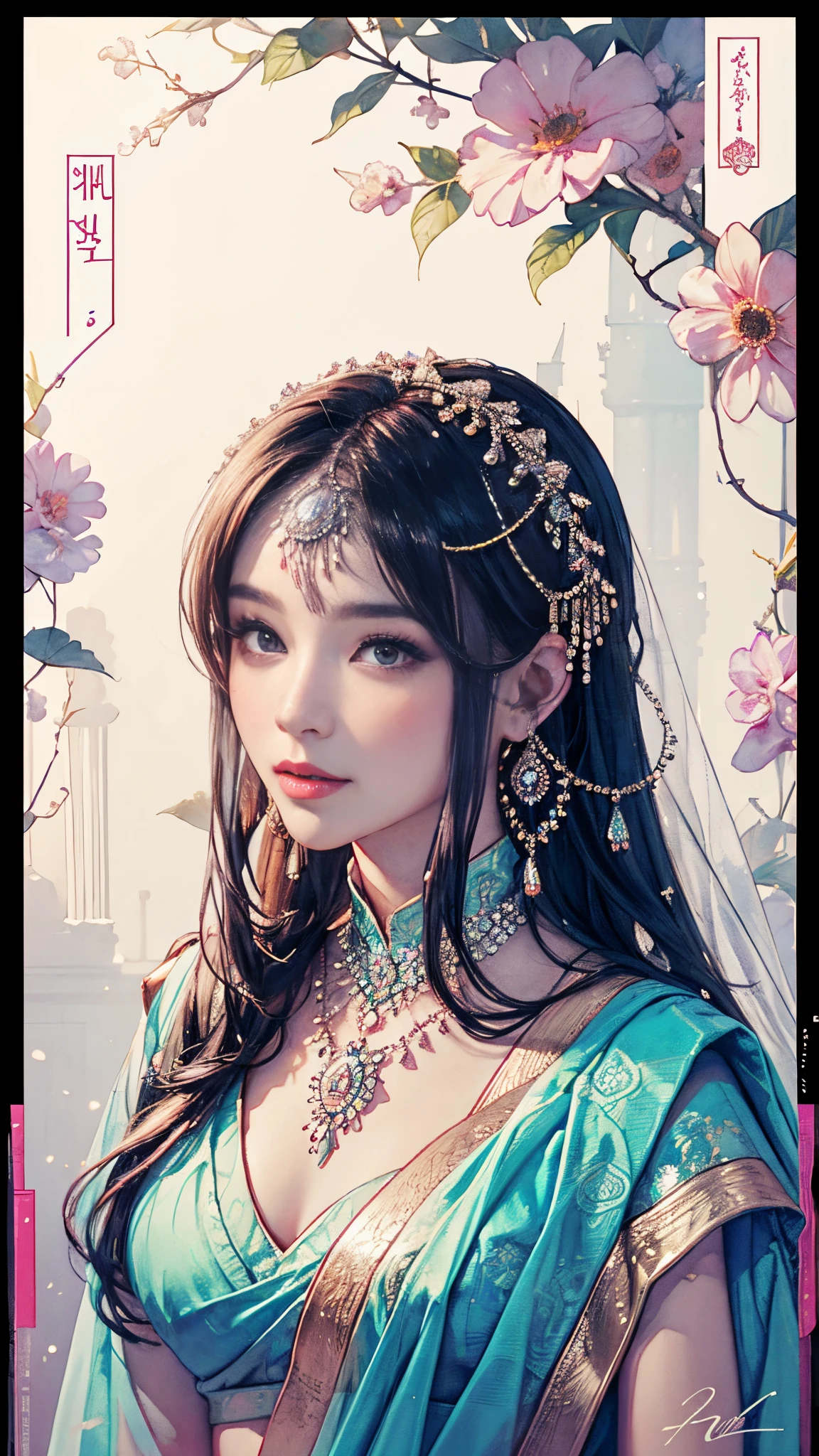8K,​masterpiece,top-quality ,Dynamic Pose,indian castle,30 year old beautiful Korean woman,Portrait, light, Long hair, ssmile, watercolor paitingium\),watercolor paiting,(Sari that clings to the body:1.3)